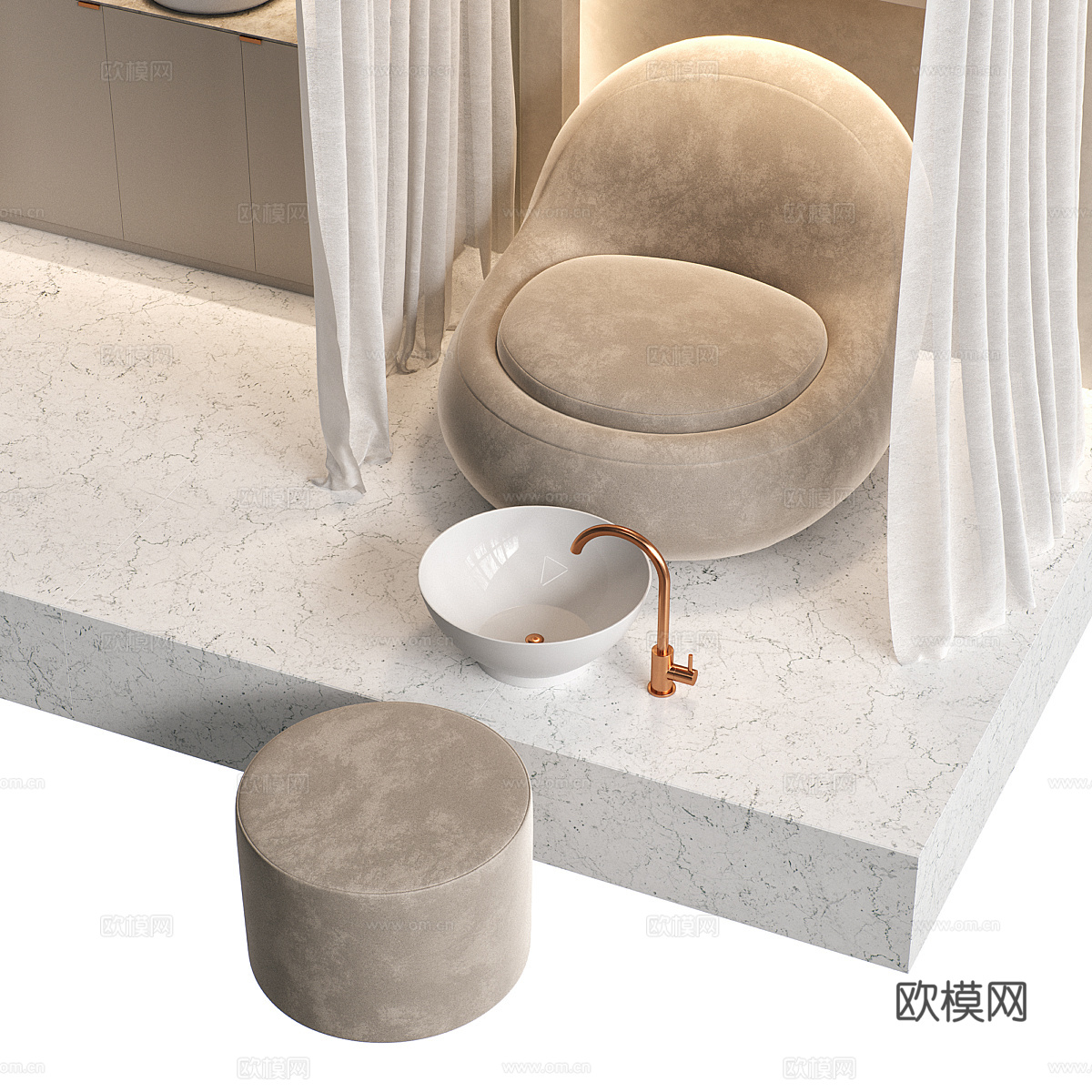 现代奶油风足疗店泡脚区3d模型