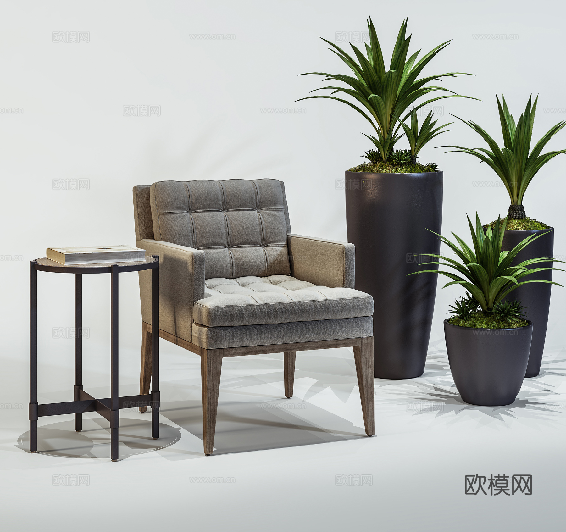 现代单人沙发茶几组合  布艺沙发 绿植组合3d模型