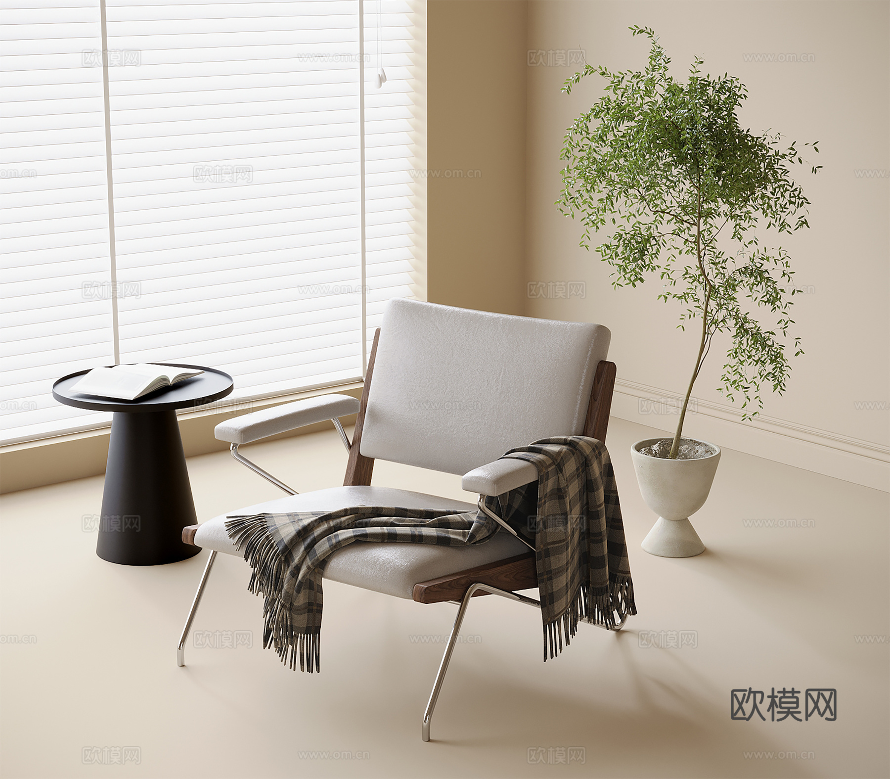现代休闲椅 单椅 盆栽盆景 边几角几su模型