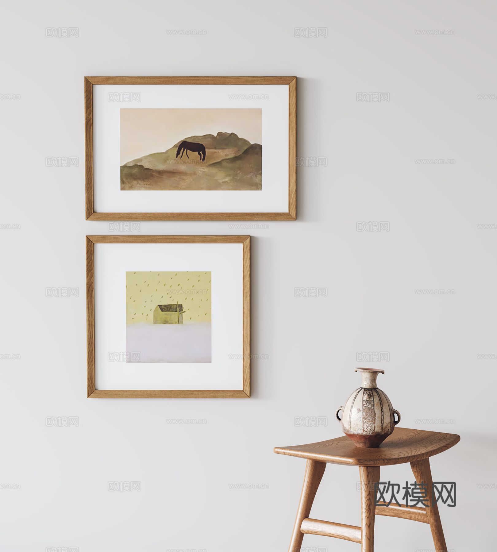 现代挂画 装饰画 客厅挂画 玄关挂画 凳子 陶罐3d模型