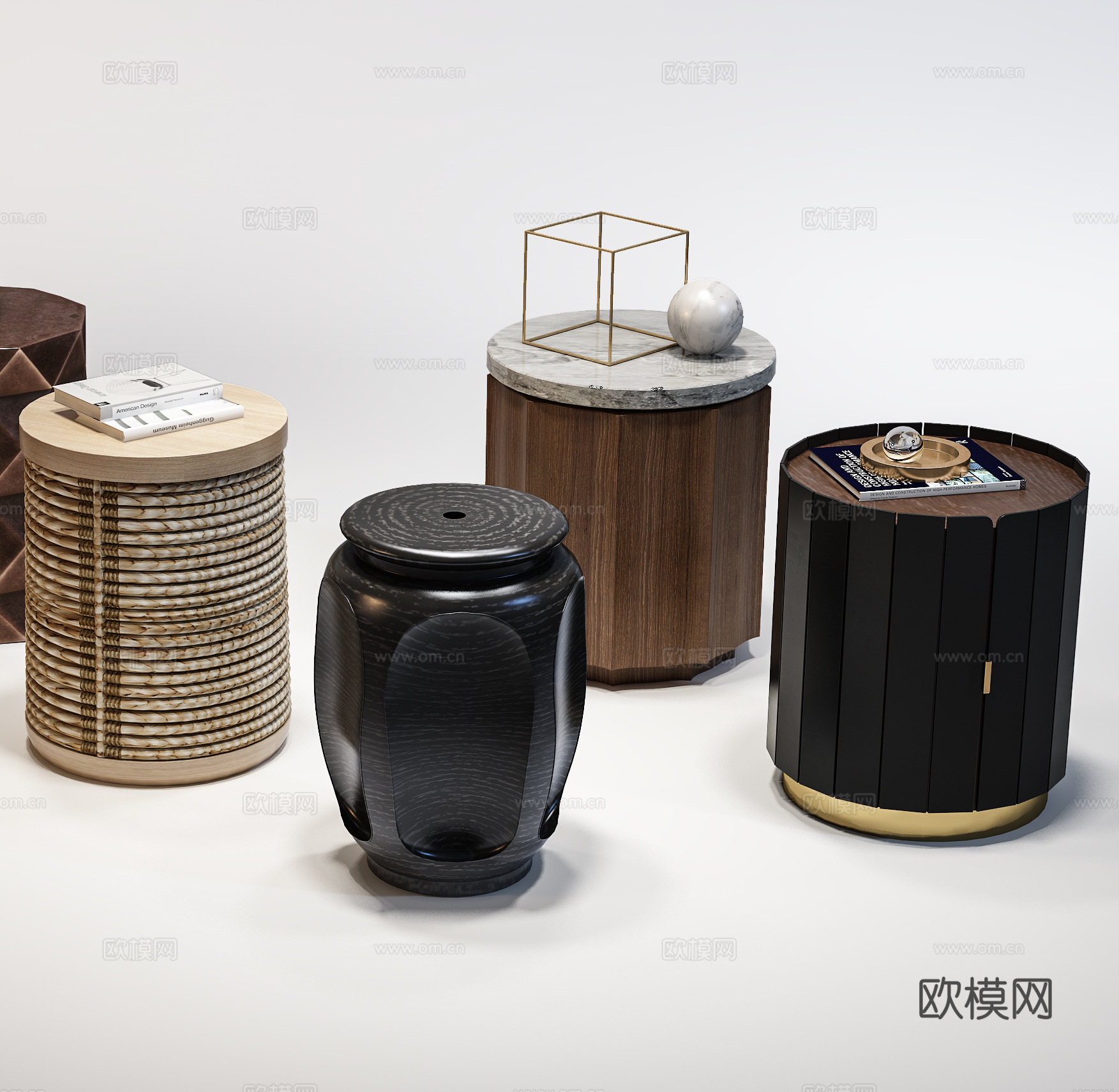 现代角几  圆几茶几  凳子组合3d模型