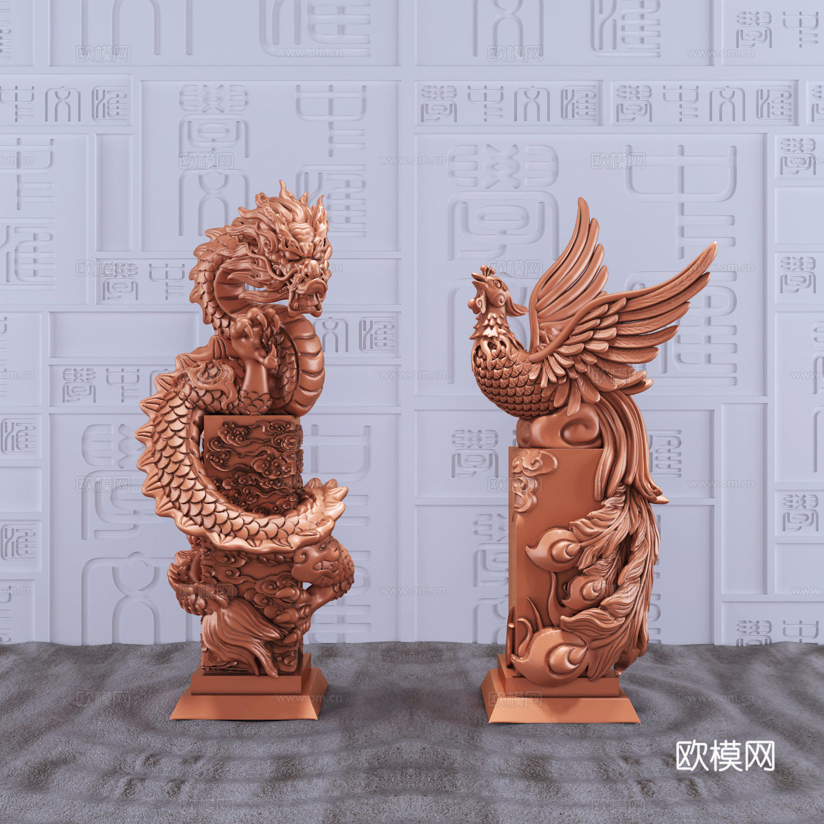 现代新中式龙凤石雕雕塑艺术摆件组合3d模型