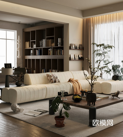 復(fù)古中古家居客廳 客廳沙發(fā)茶幾組 中古風(fēng)多人沙發(fā) 書柜收納柜3d模型下載