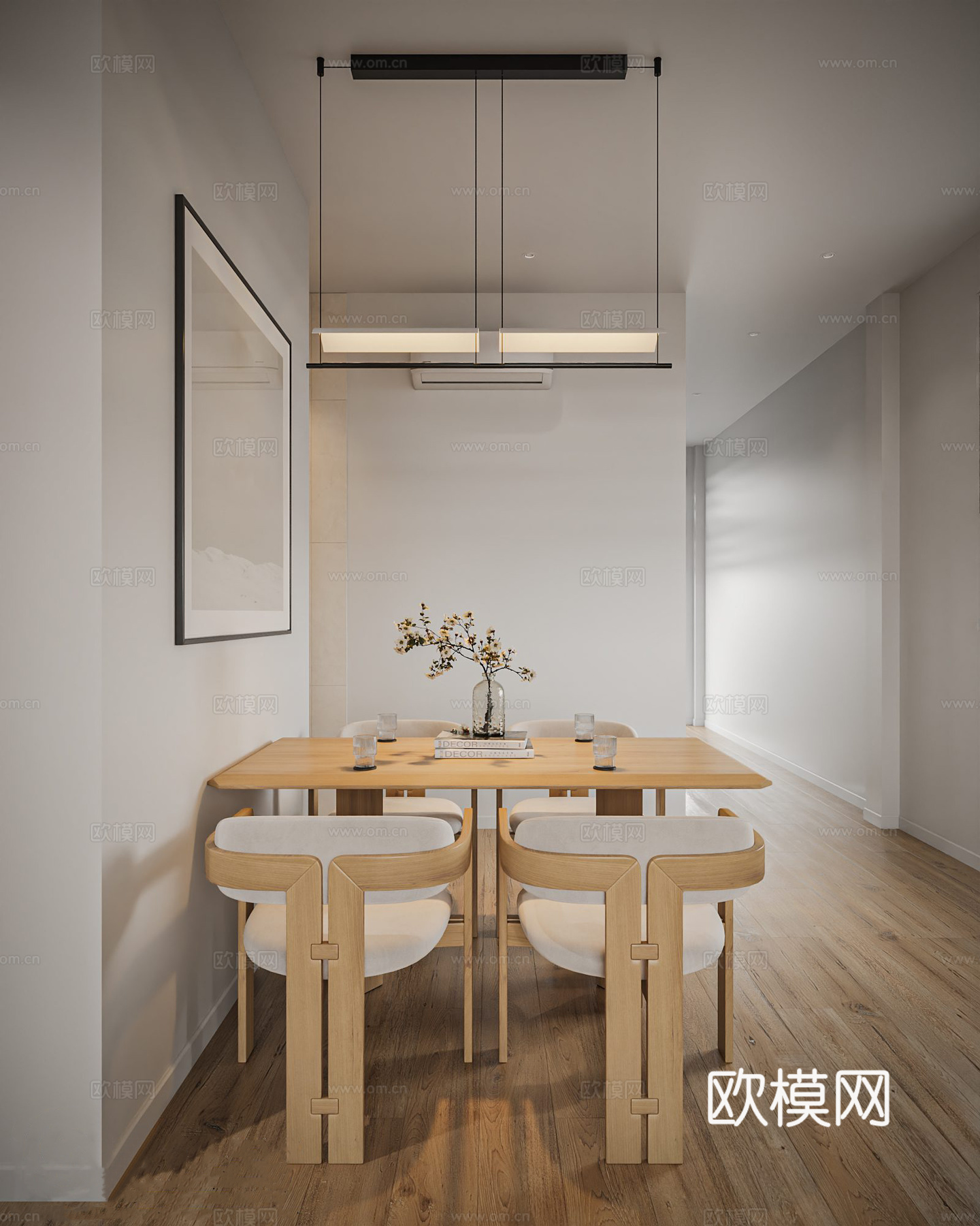 现代家居 客厅 餐厅 卧室 L型沙发 落地窗 矩形餐桌 餐厨3d模型