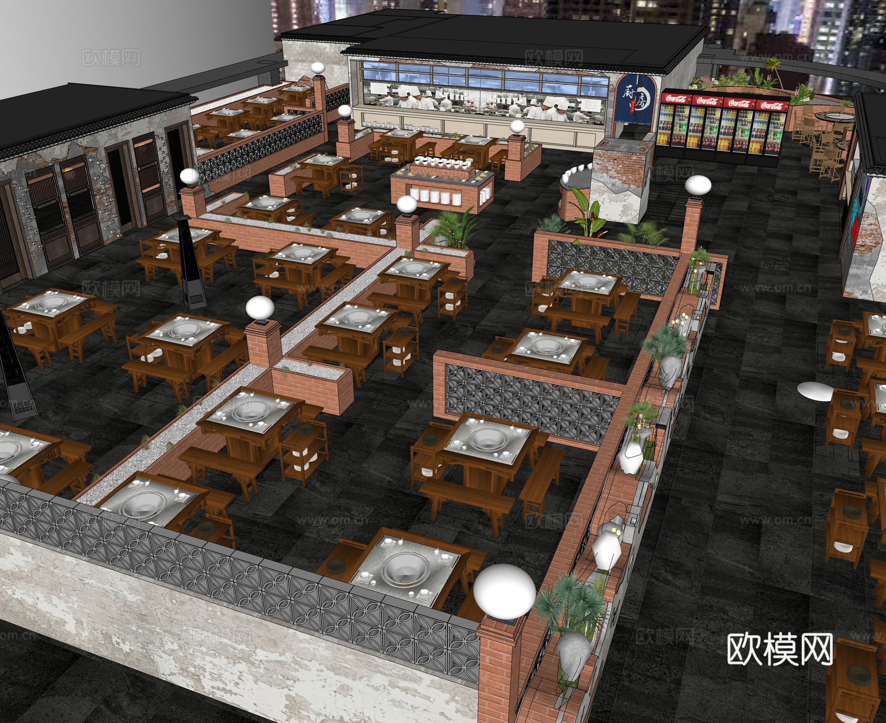 现代露天火锅店外摆 屋顶花园 屋顶餐厅su模型