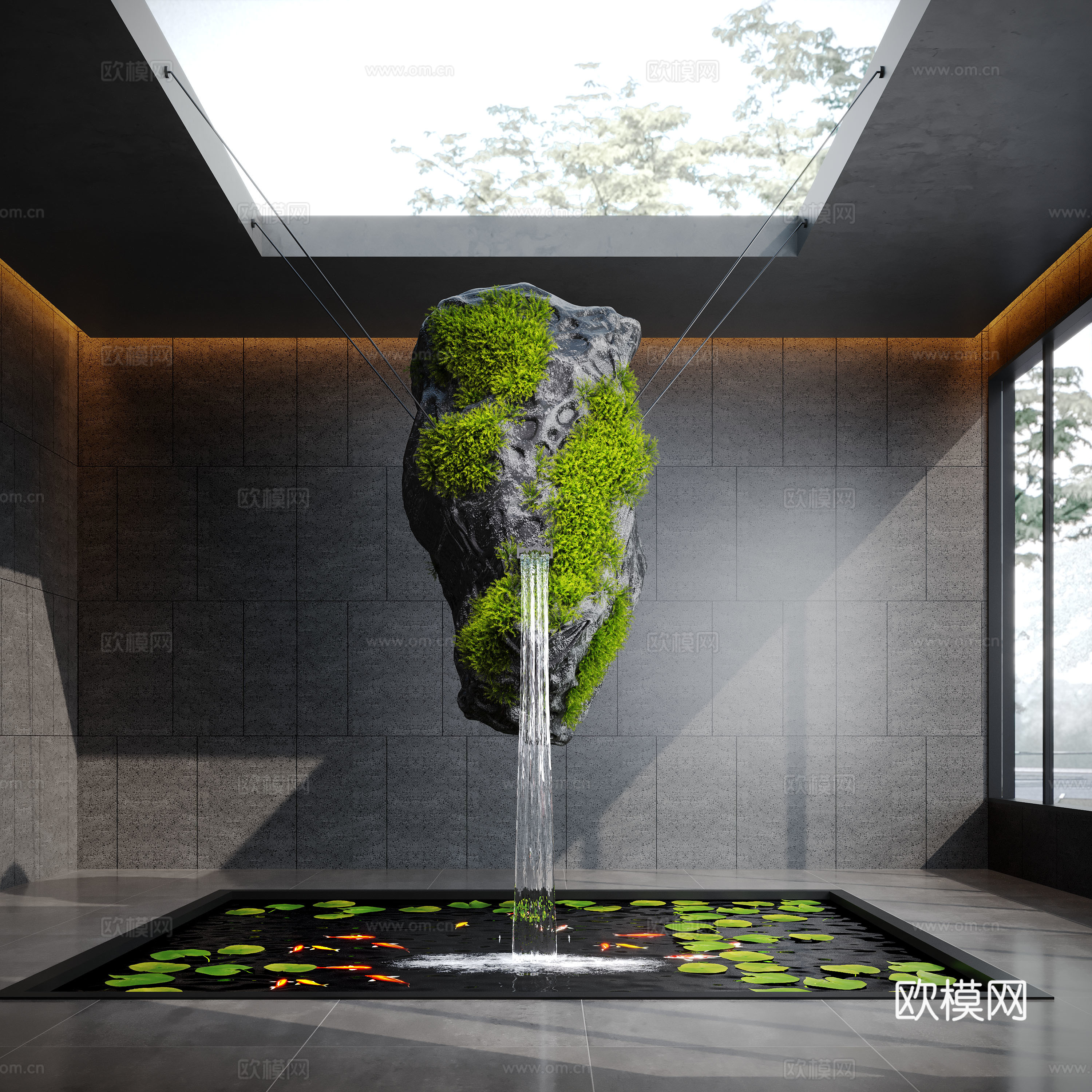 现代水景观 室内水景 悬浮石 苔藓 室内鱼池3d模型下载