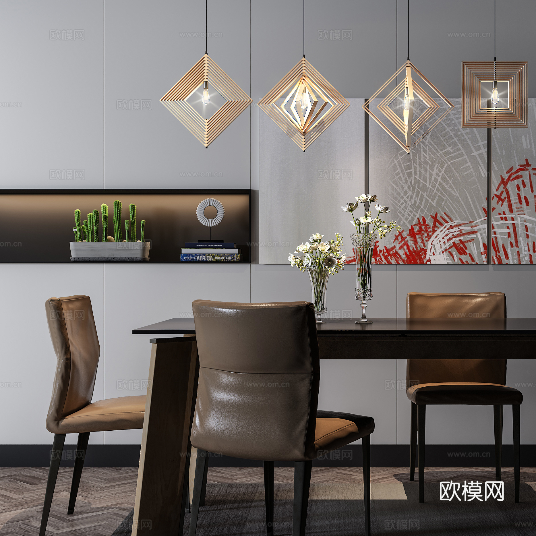 现代餐桌椅组合  洽谈桌椅  吊灯挂画饰品组合3d模型