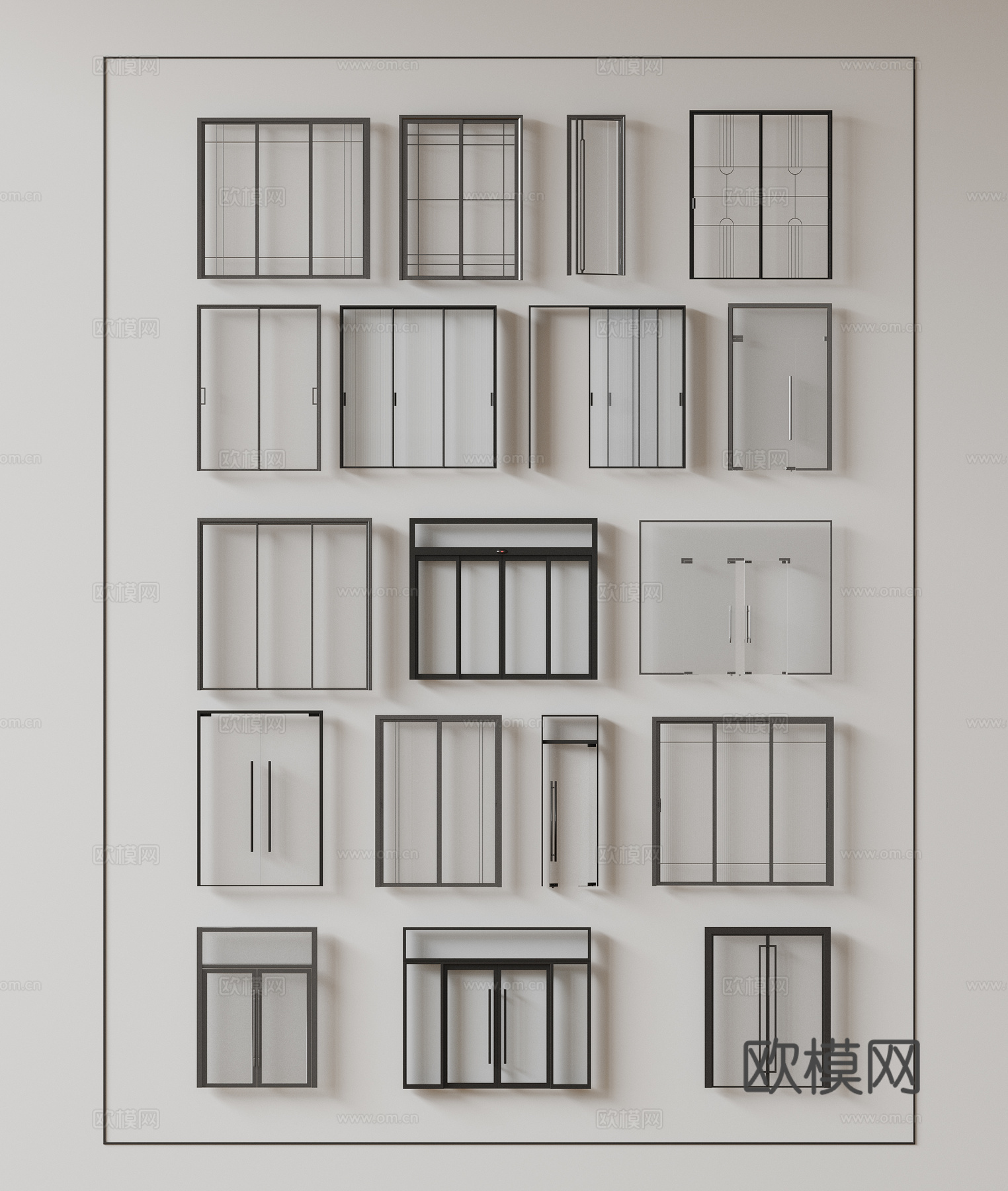 现代玻璃大门 落地玻璃门 玻璃门窗 双开入户门 推拉门 门联3d模型
