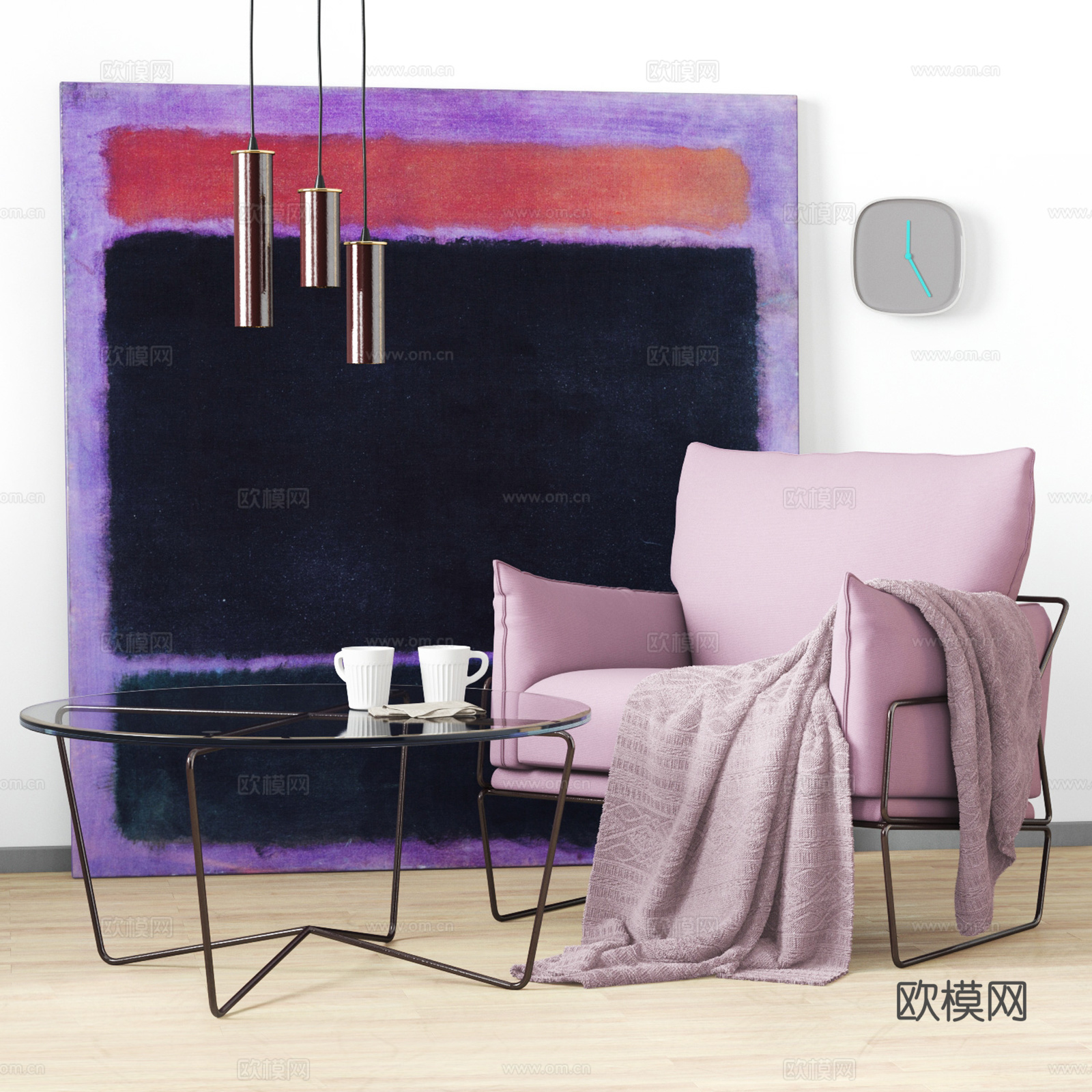 现代休闲椅 椅子茶几组合  吊灯 挂画3d模型