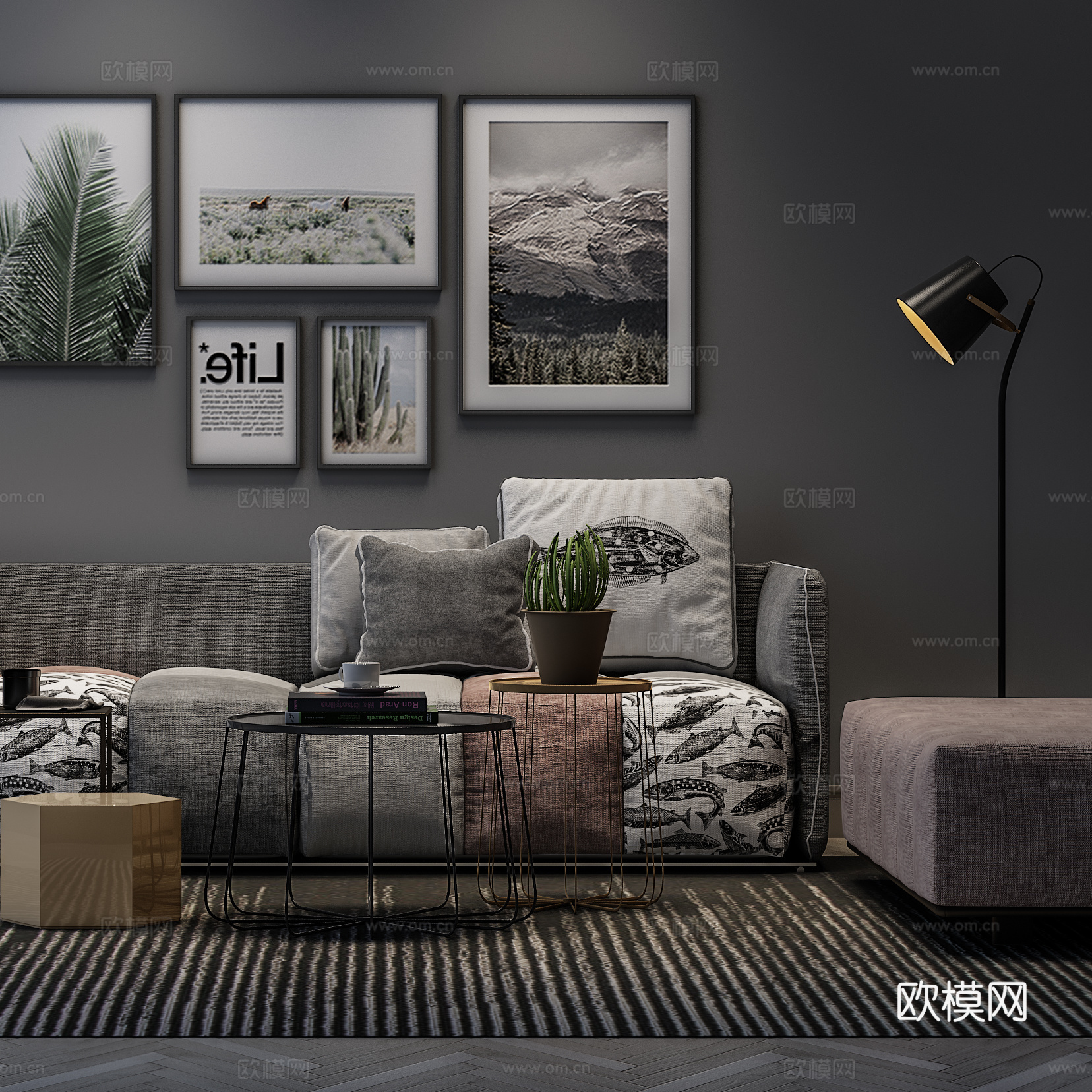 现代沙发茶几组合  布艺沙发 挂画落地灯3d模型