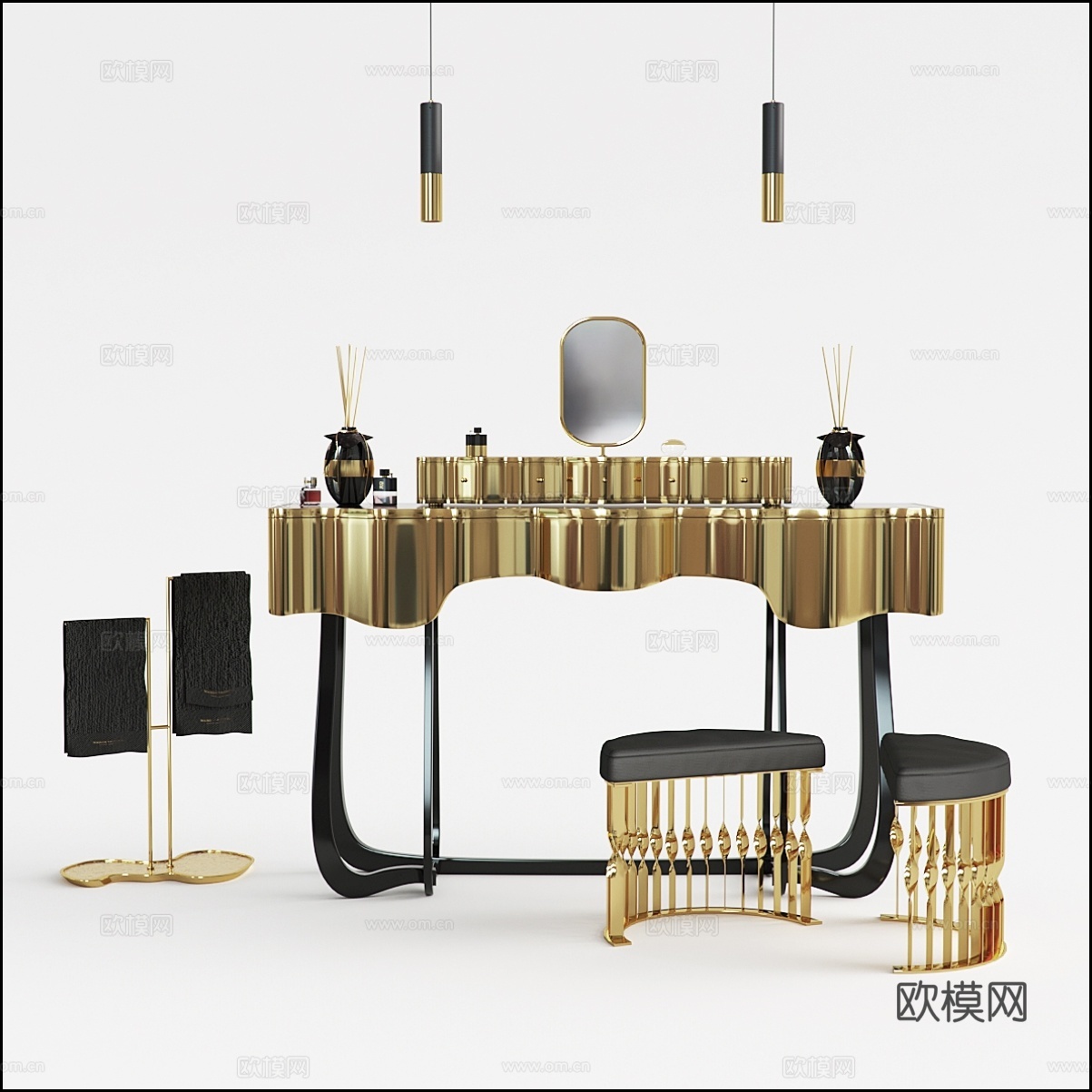 现代梳妆台凳子组合  桌面摆件饰品 吊灯3d模型