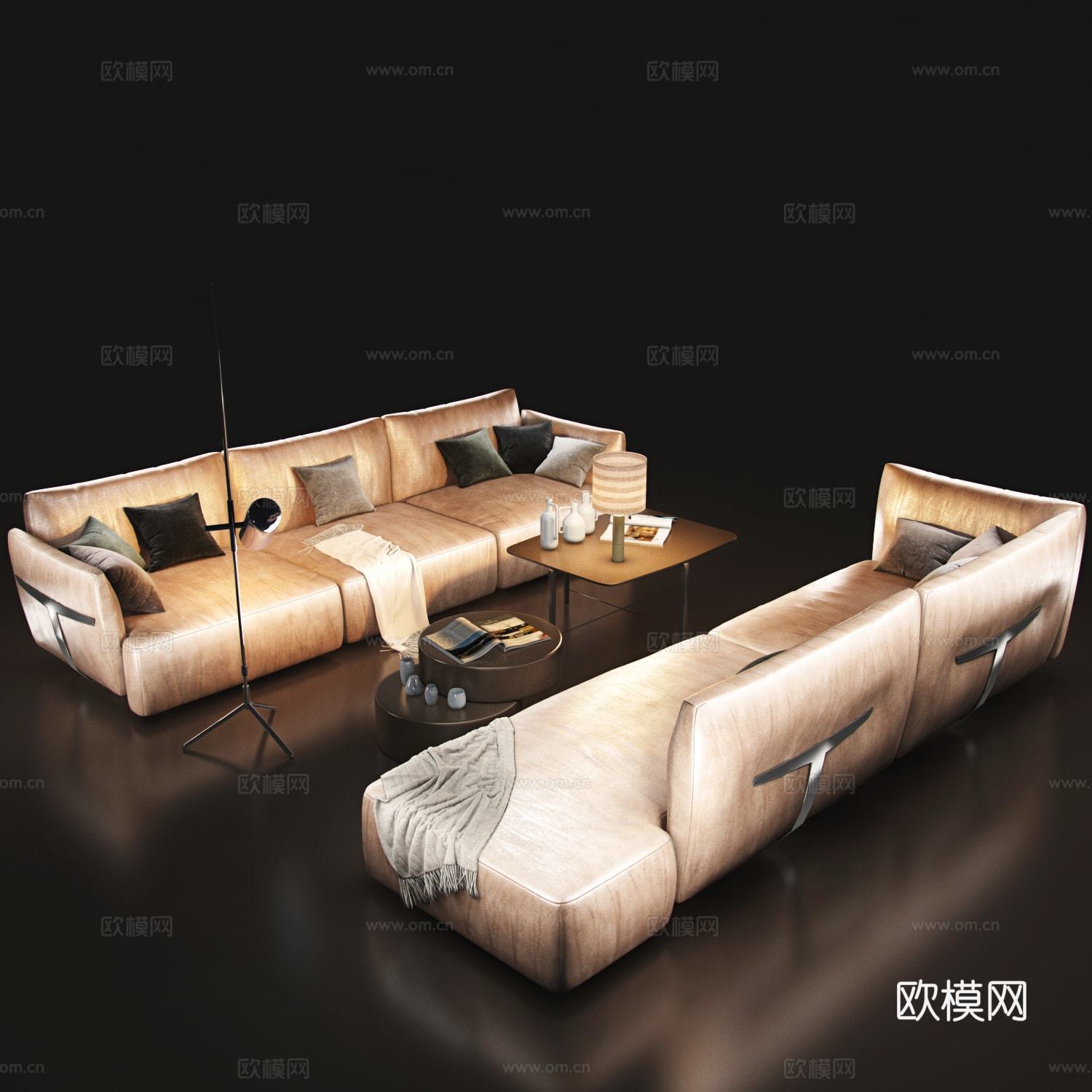 现代沙发组合  皮革沙发 沙发茶几  落地灯3d模型