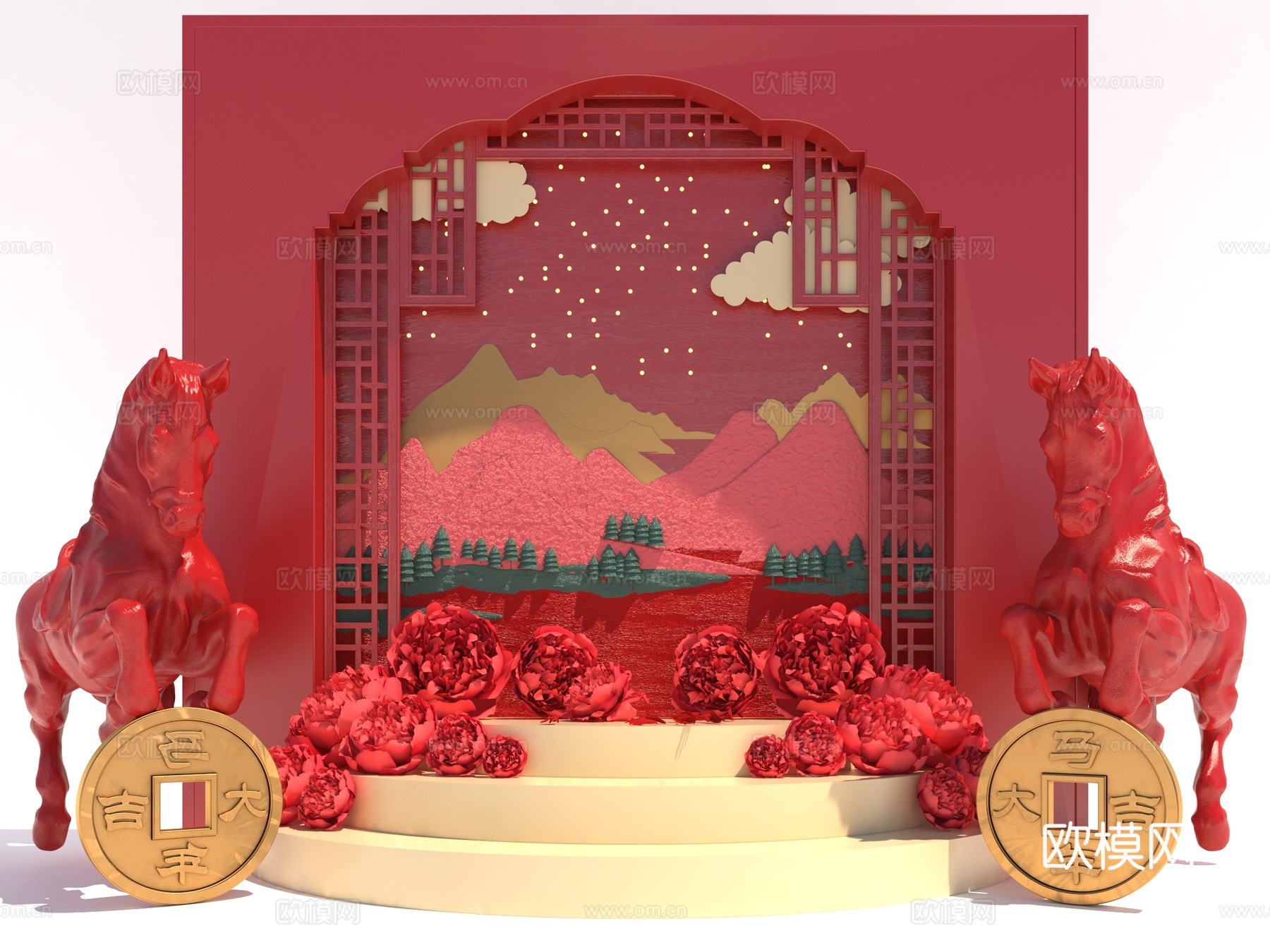 新中式风格马年背景3d模型