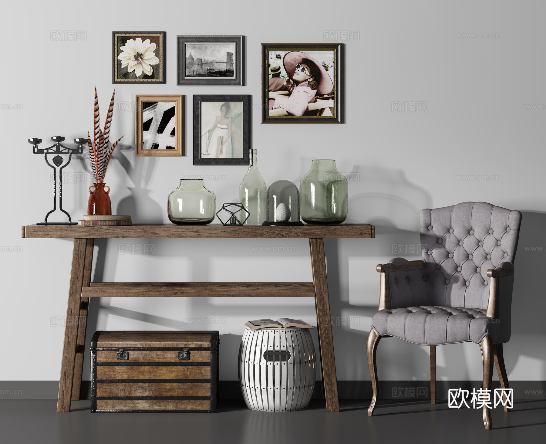 工业风端景台 休闲椅 饰品摆件  挂画组合3d模型