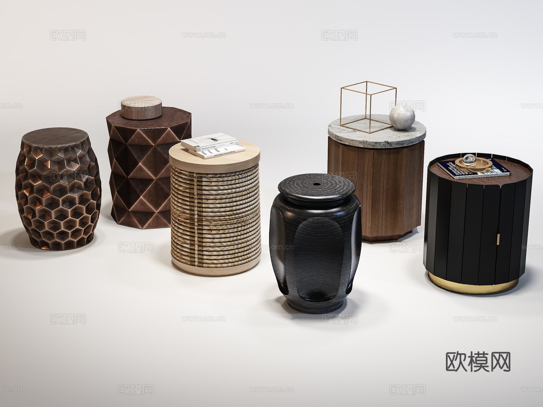 现代角几  圆几茶几  凳子组合3d模型