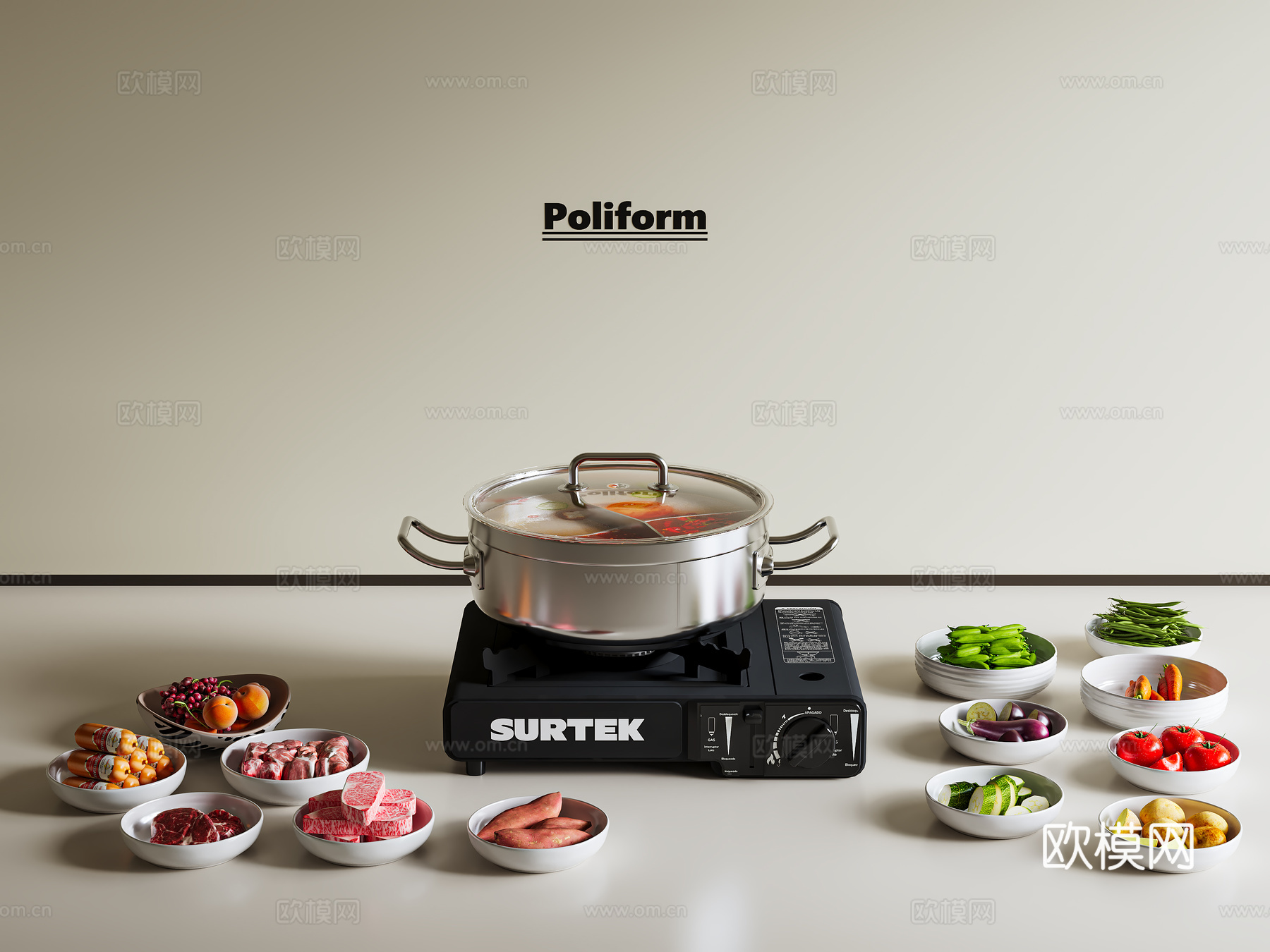 燃气卡炉 户外火锅 火锅菜品 露营小火锅 蔬菜食物3d模型