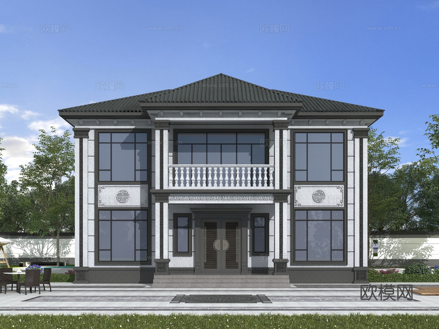 中式别墅 新中式别墅  二层自建房su模型