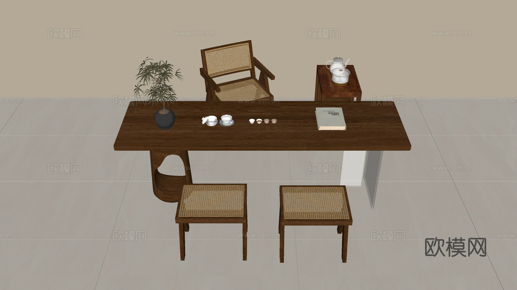 中古茶桌椅 茶台 茶桌 藤编椅 茶具 大板桌 绿植摆件 小推su模型