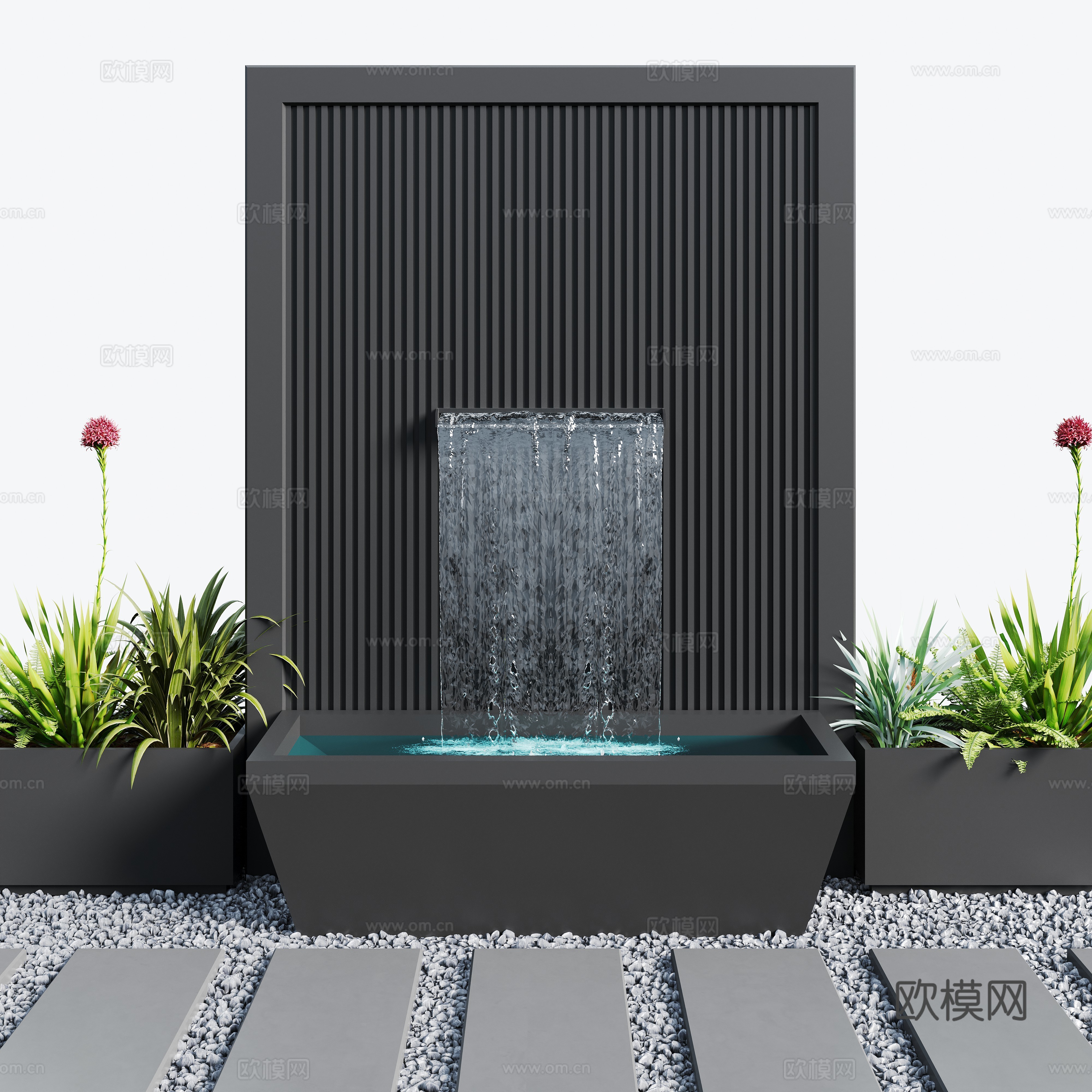 现代庭院水景 水景墙 叠水 鱼池 景观墙3d模型