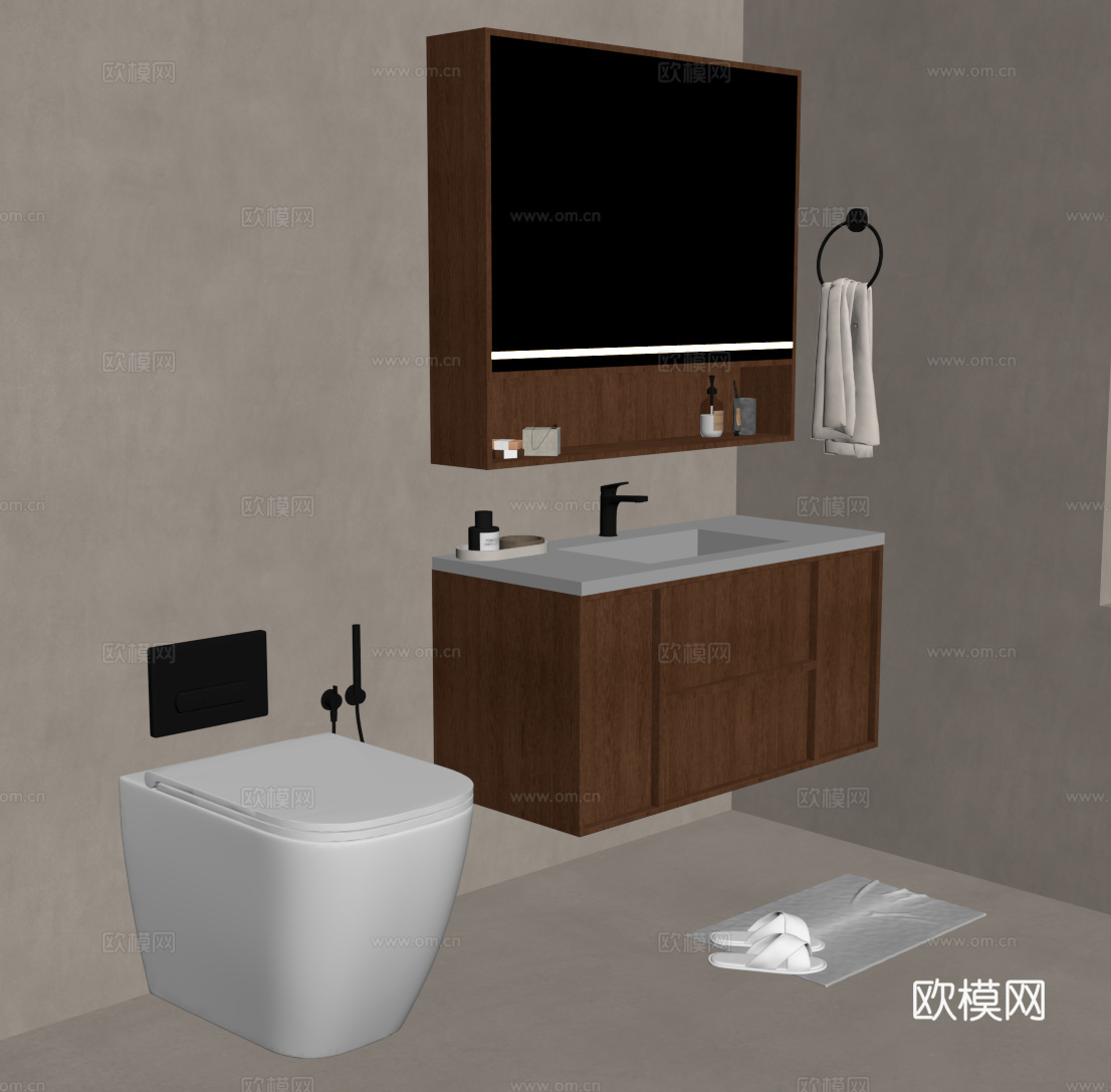 中古风浴室柜 马桶su模型