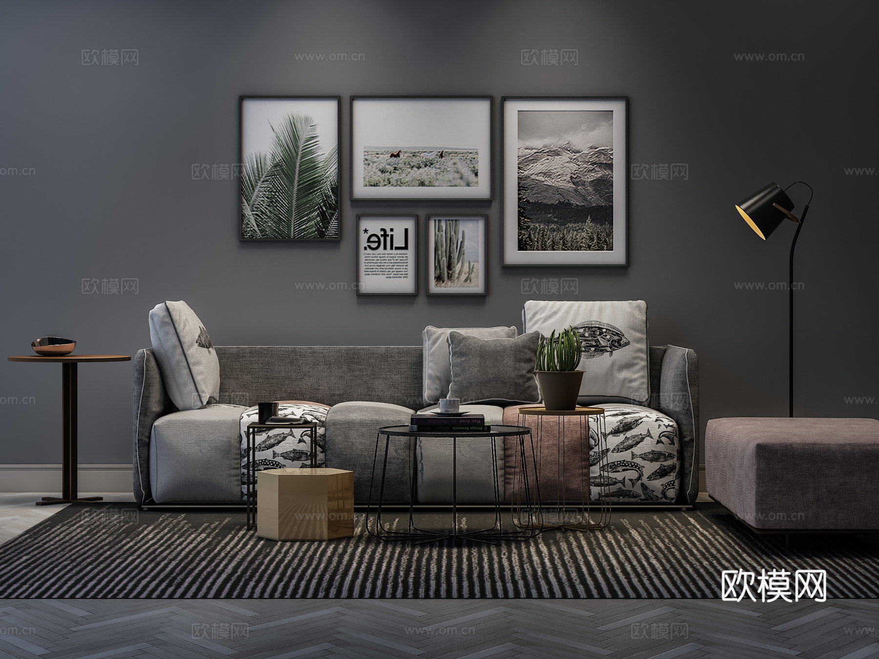 现代沙发茶几组合  布艺沙发 挂画落地灯3d模型