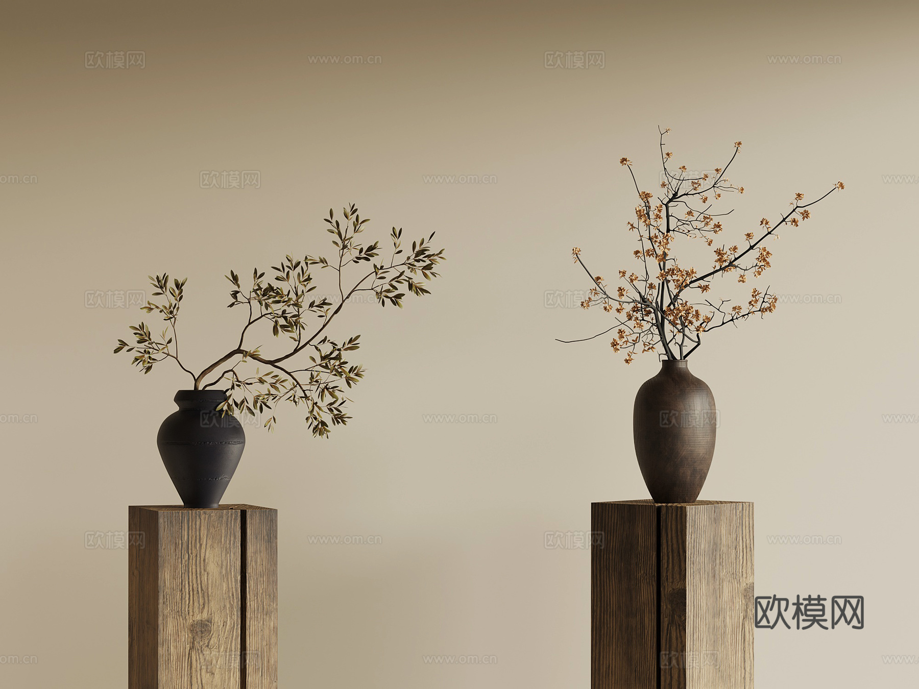 花瓶 侘寂中古花瓶 侘寂风花瓶 中古风花瓶 陶罐花瓶 枯枝花3d模型