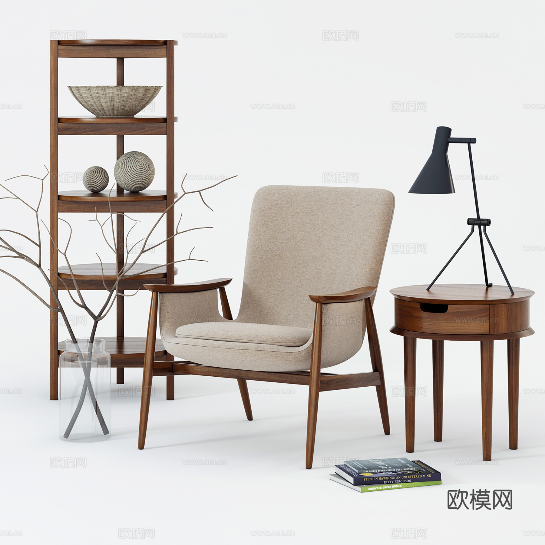新中式休闲椅 茶几台灯组合  装饰架子3d模型