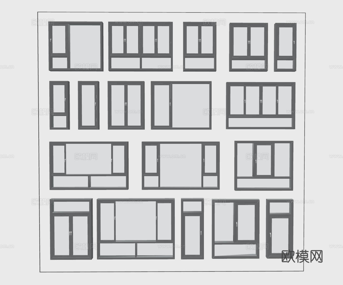 现代窗户组合 窗户玻璃窗 落地窗阳台窗 飘窗卧室窗 推拉窗su模型