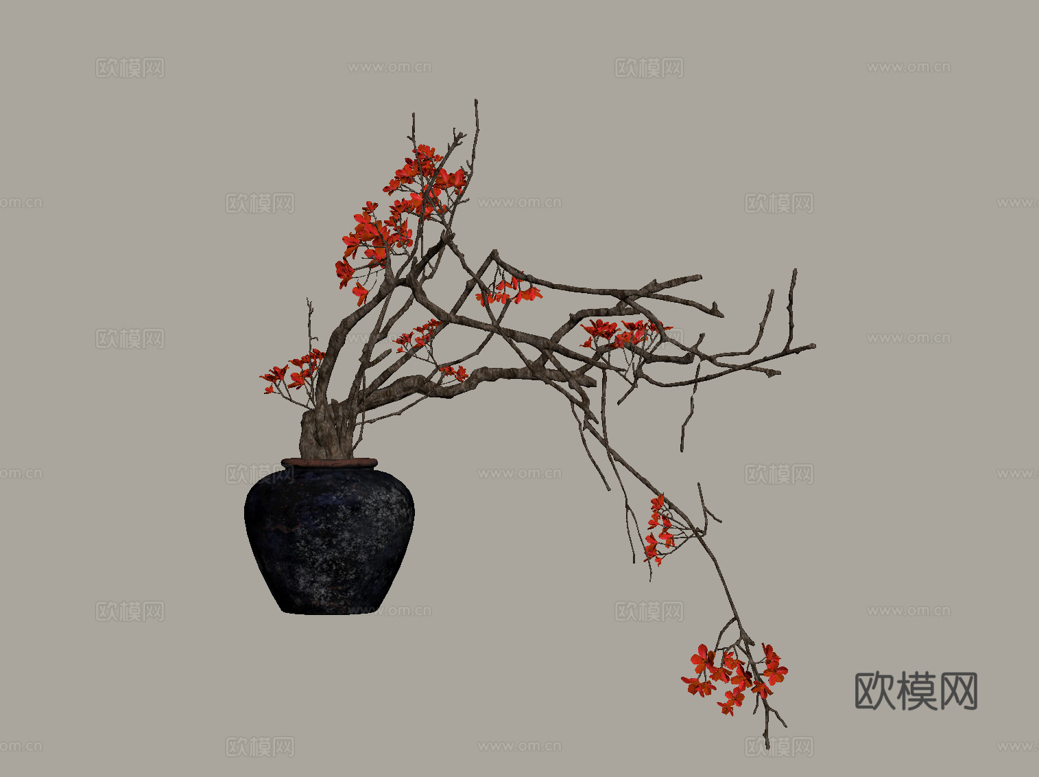 花瓶 侘寂中古花瓶 侘寂风花瓶 中古风花瓶 陶罐花瓶 枯枝花su模型