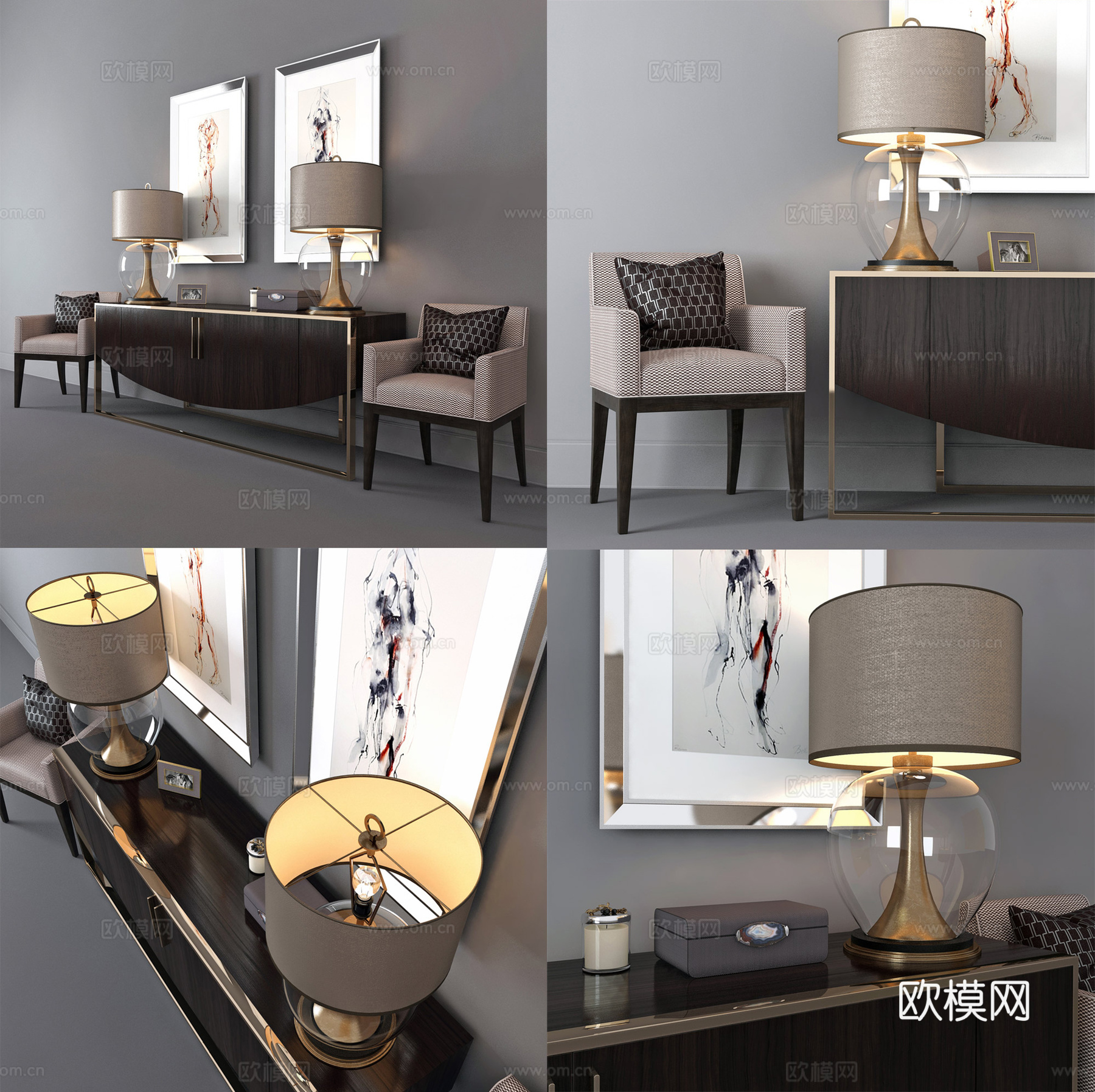 现代玄关柜休闲椅组合  饰品摆件 挂画台灯组合3d模型