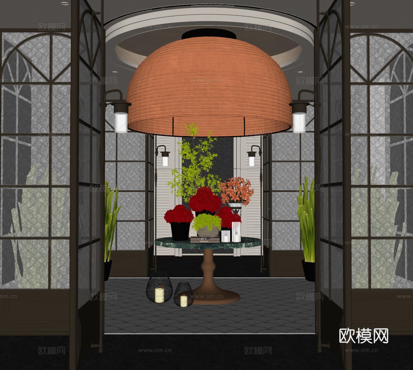 现代大厅 酒店大厅 会所大厅 花艺摆台组合 屏风隔断su模型