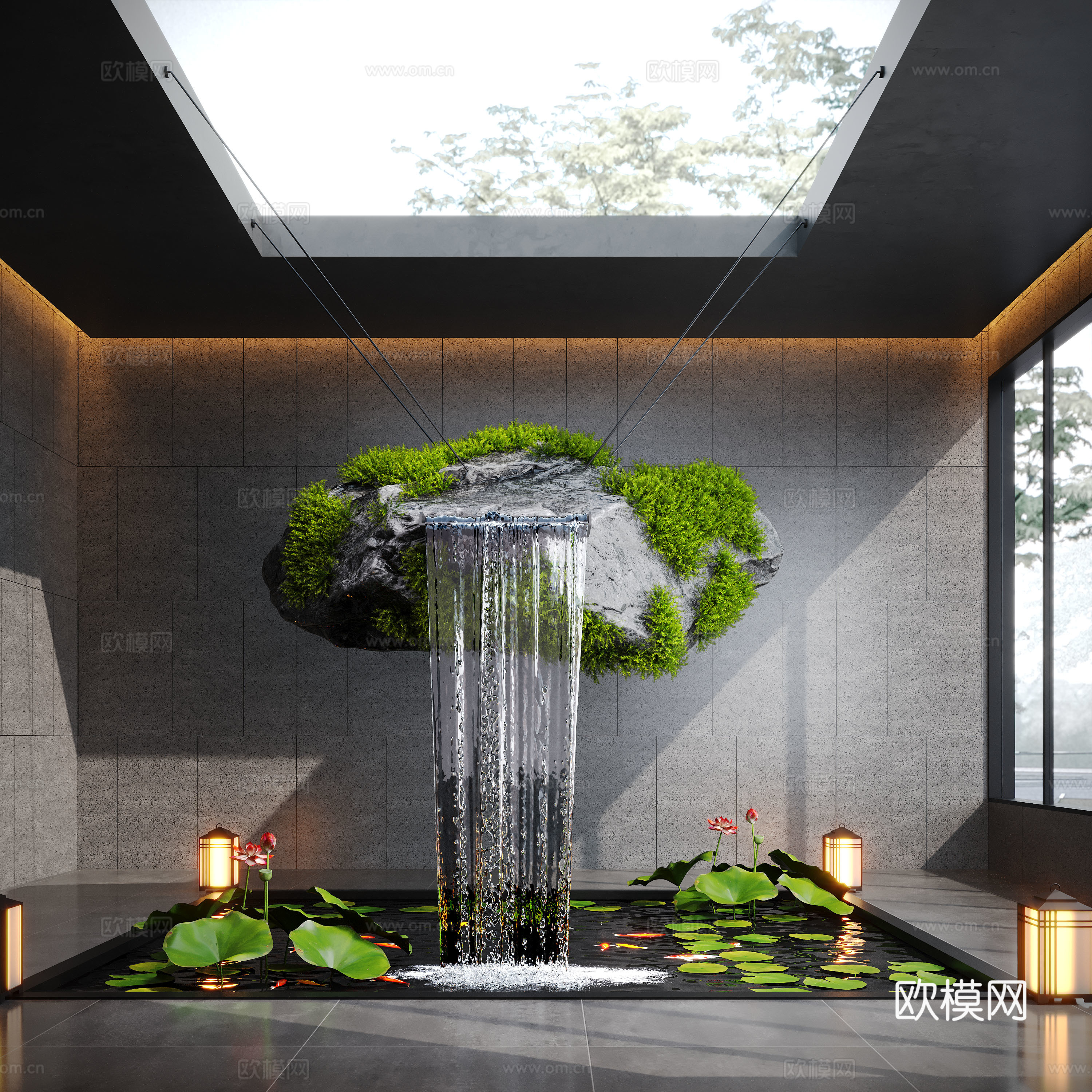 现代水景观 室内水景 悬浮石 苔藓 室内鱼池3d模型下载