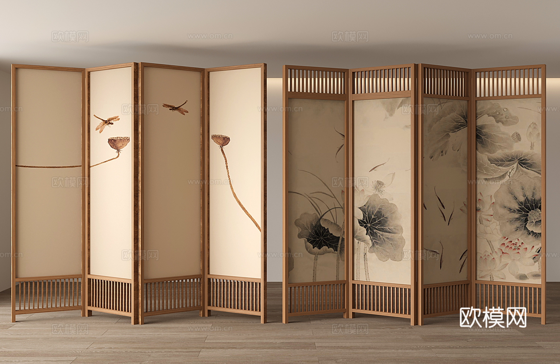 新中式 中式屏风隔断 植物画屏风 木质屏风 屏风3d模型