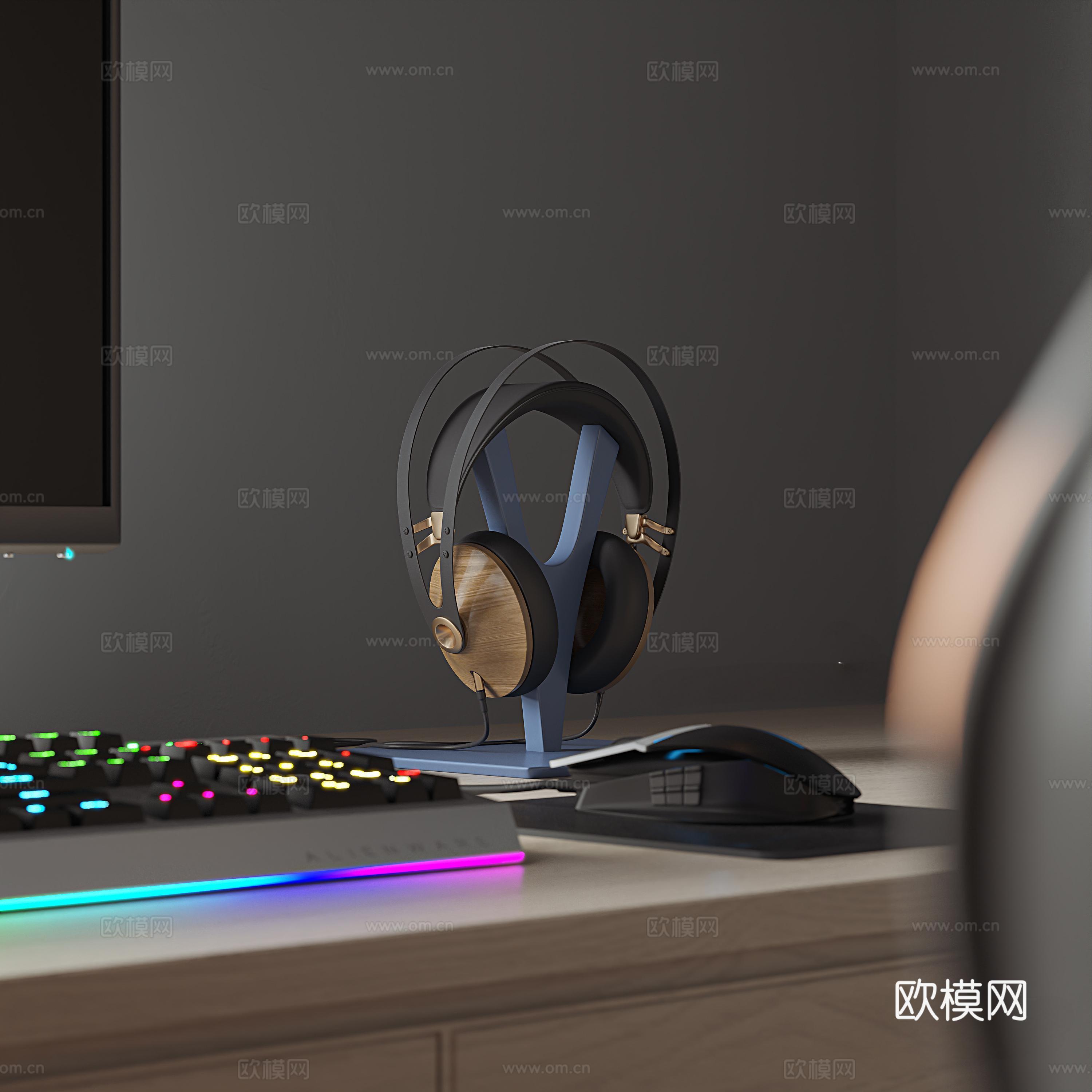 现代娱乐电脑房 电脑椅 电脑主机 耳机 显示器3d模型