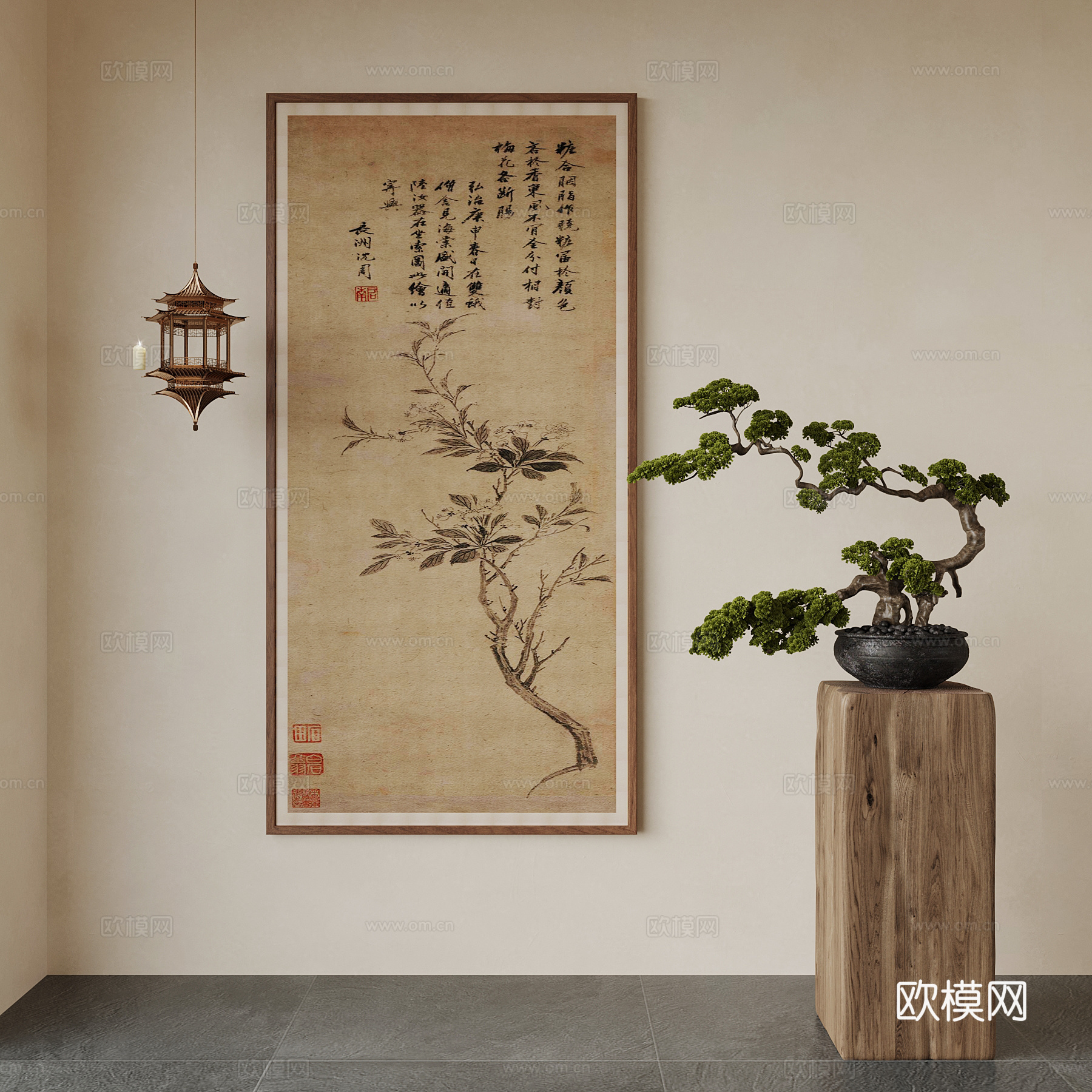 现代中古风盆景盆栽 吊灯su模型