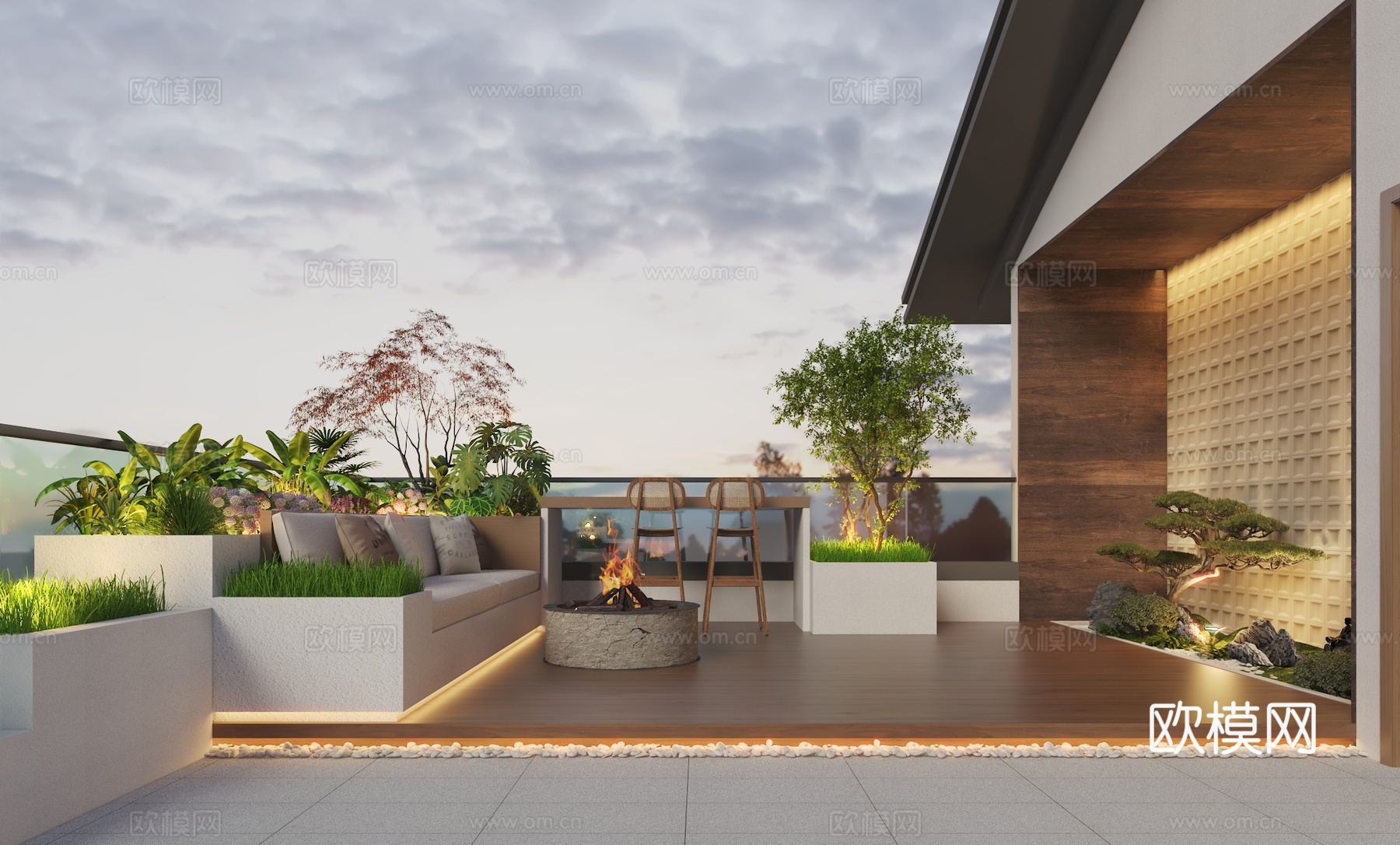新中式宋式屋顶花园休闲阳台3d模型