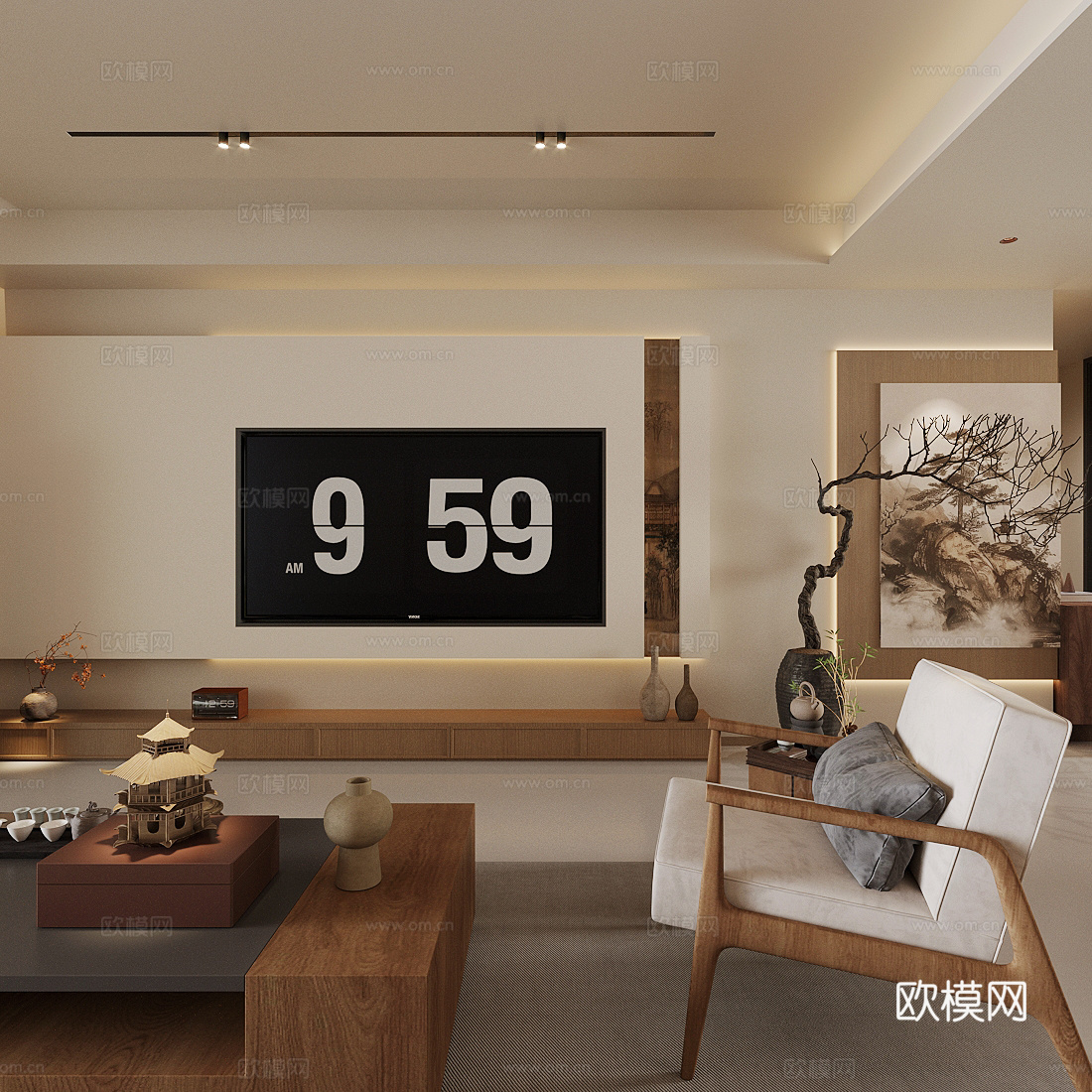 新中式禅意客餐厅 中式客餐厅 宋式美学客餐厅 沙发茶几组合su模型