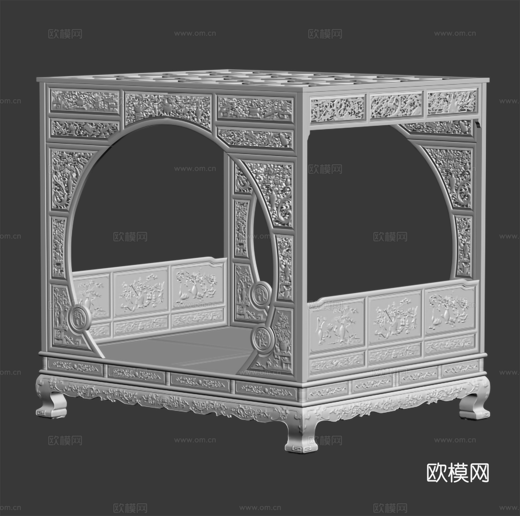 中式架子床 月洞门床 雕花造型 实木红木3d模型