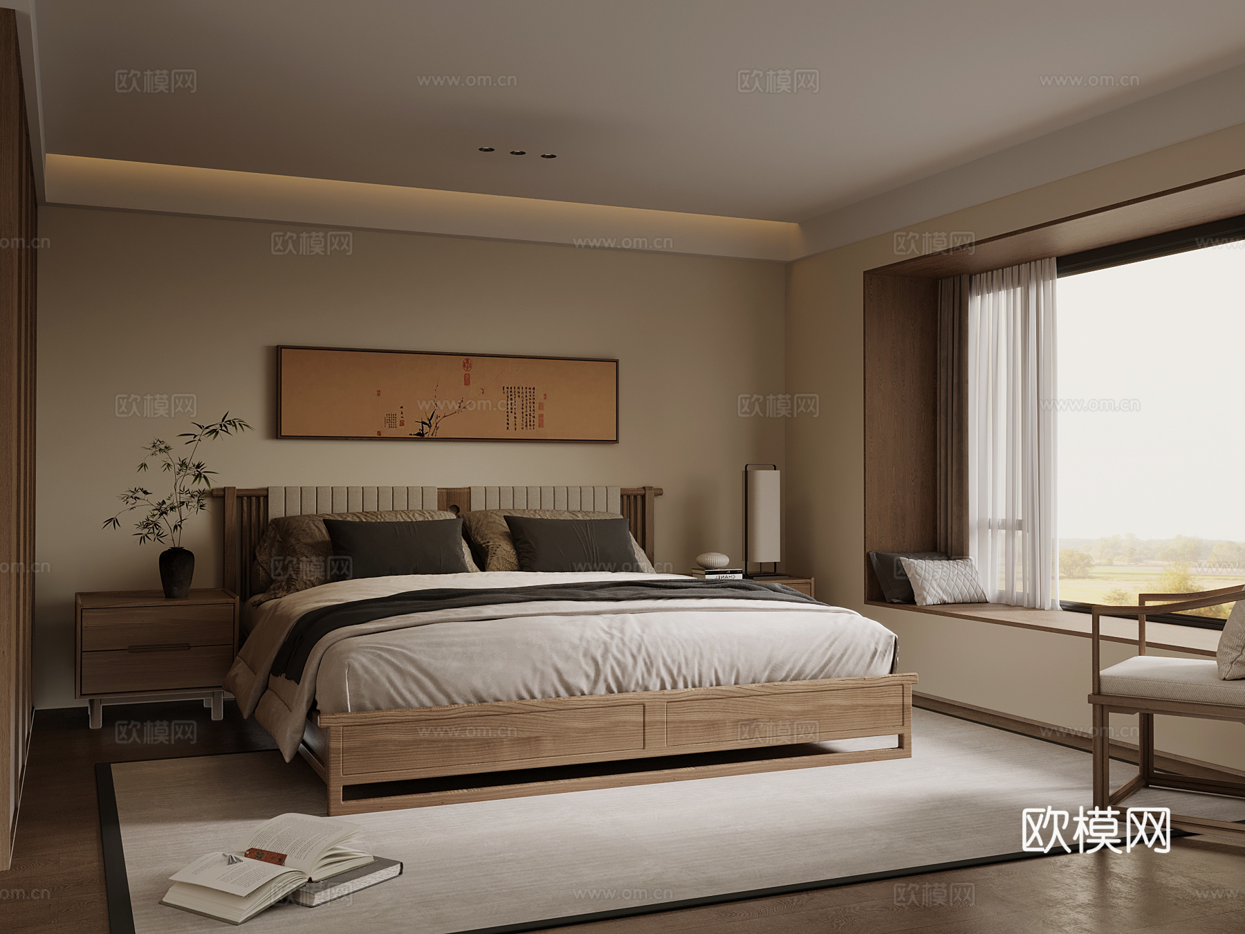 新中式卧室 衣柜 双人床3d模型