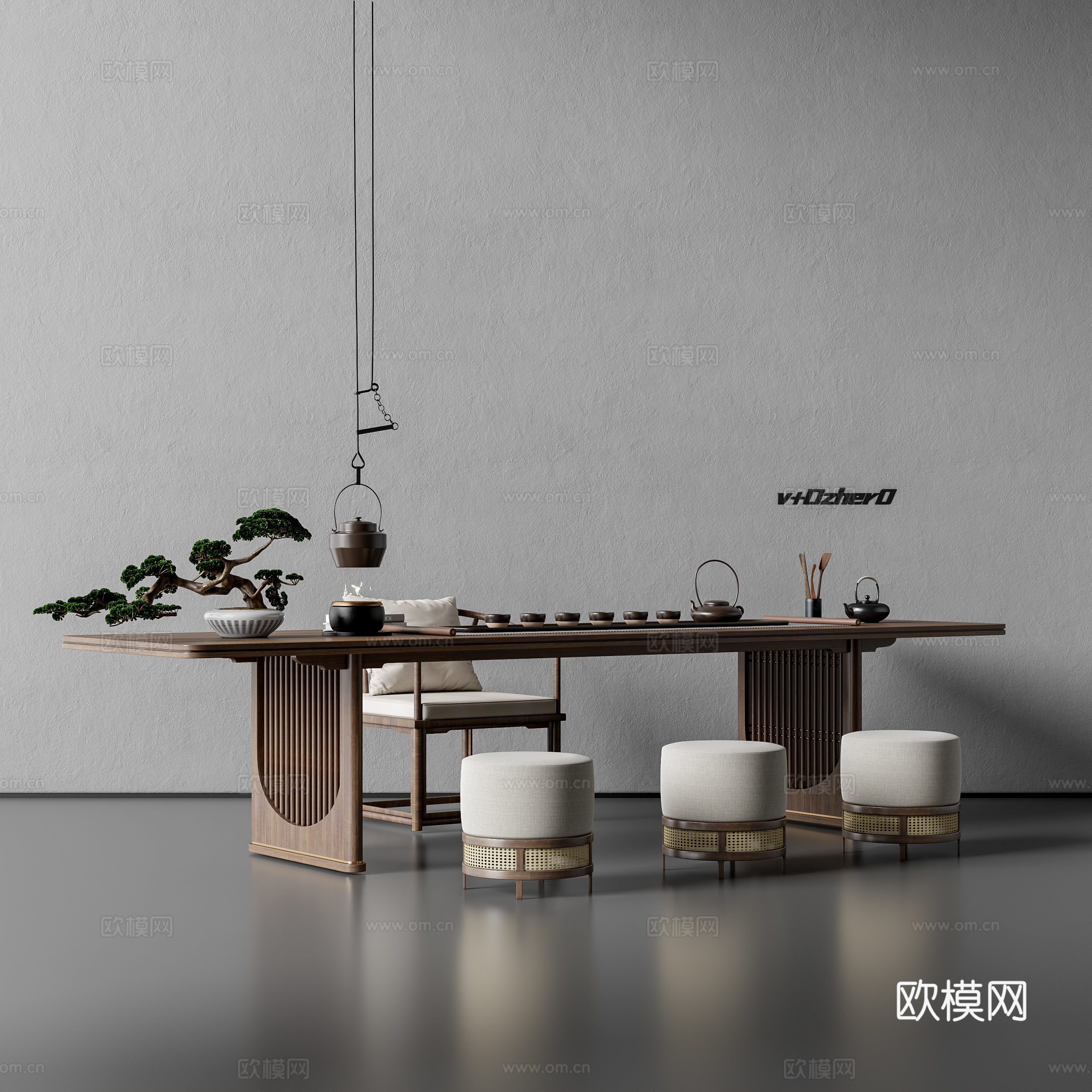 新中式茶桌椅su模型