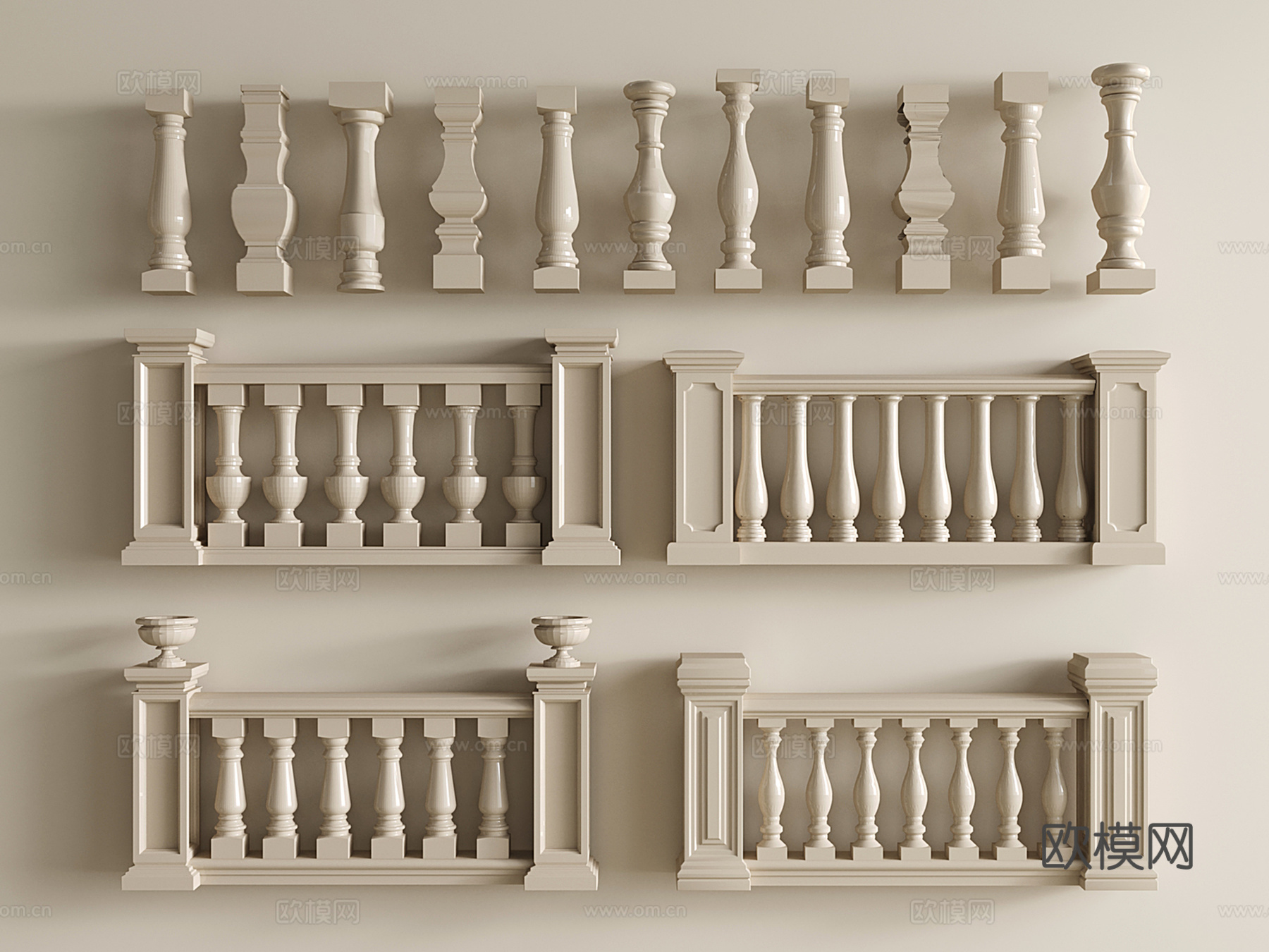 欧式古典栏杆 宝瓶立柱 石材围栏 柱子护栏3d模型