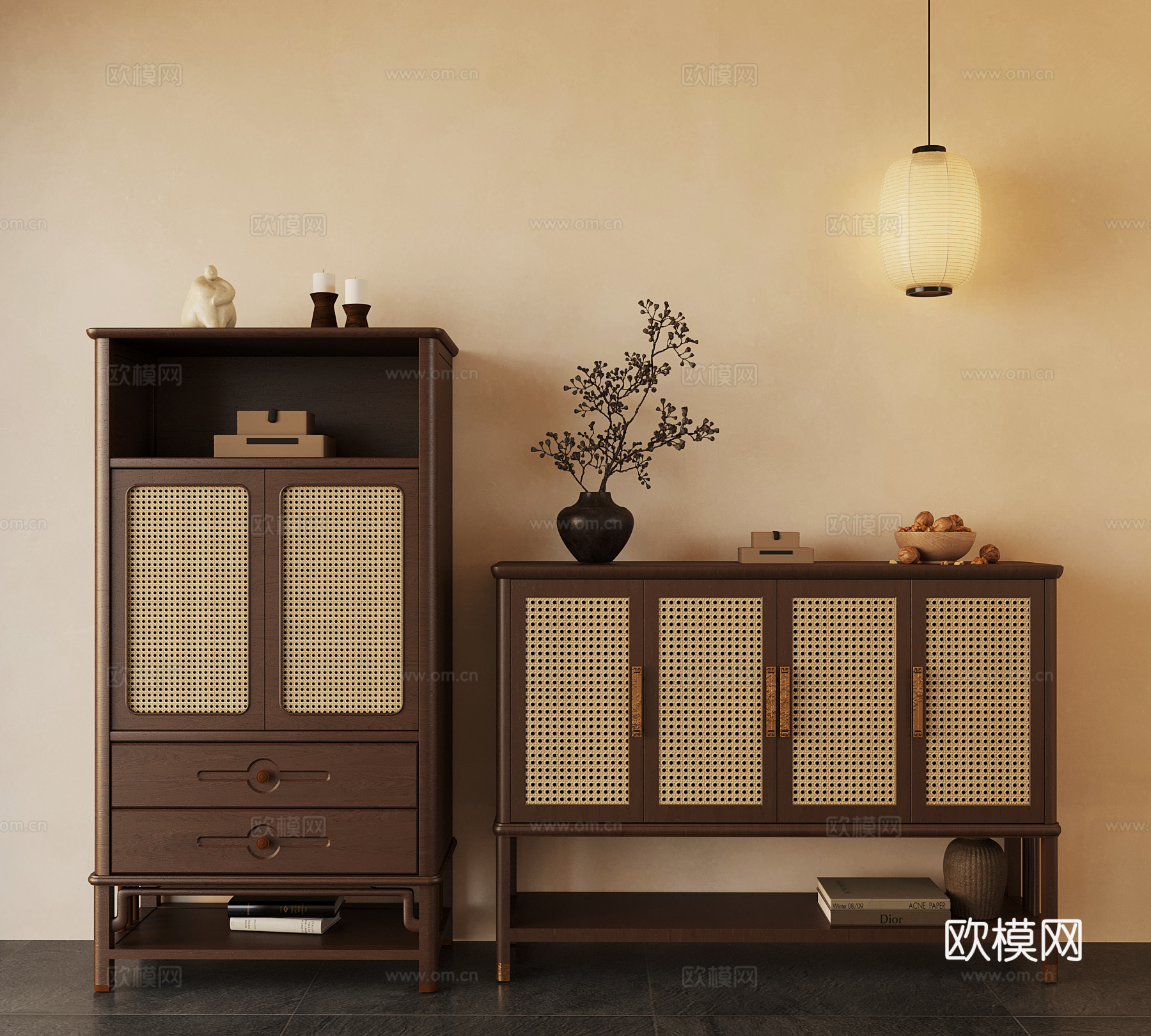 中古风置物柜 边柜su模型
