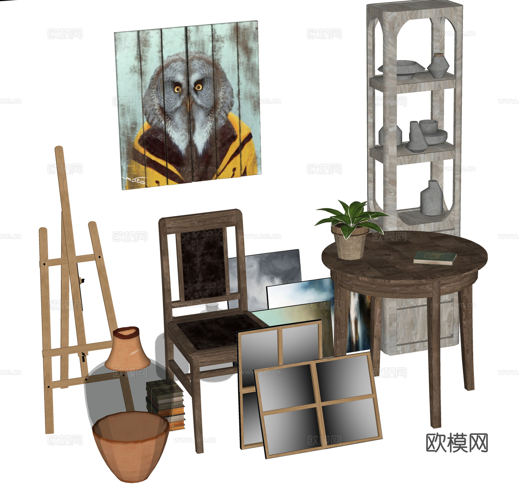 现代装饰品 椅子挂画桌子组合 陶瓷器皿su模型
