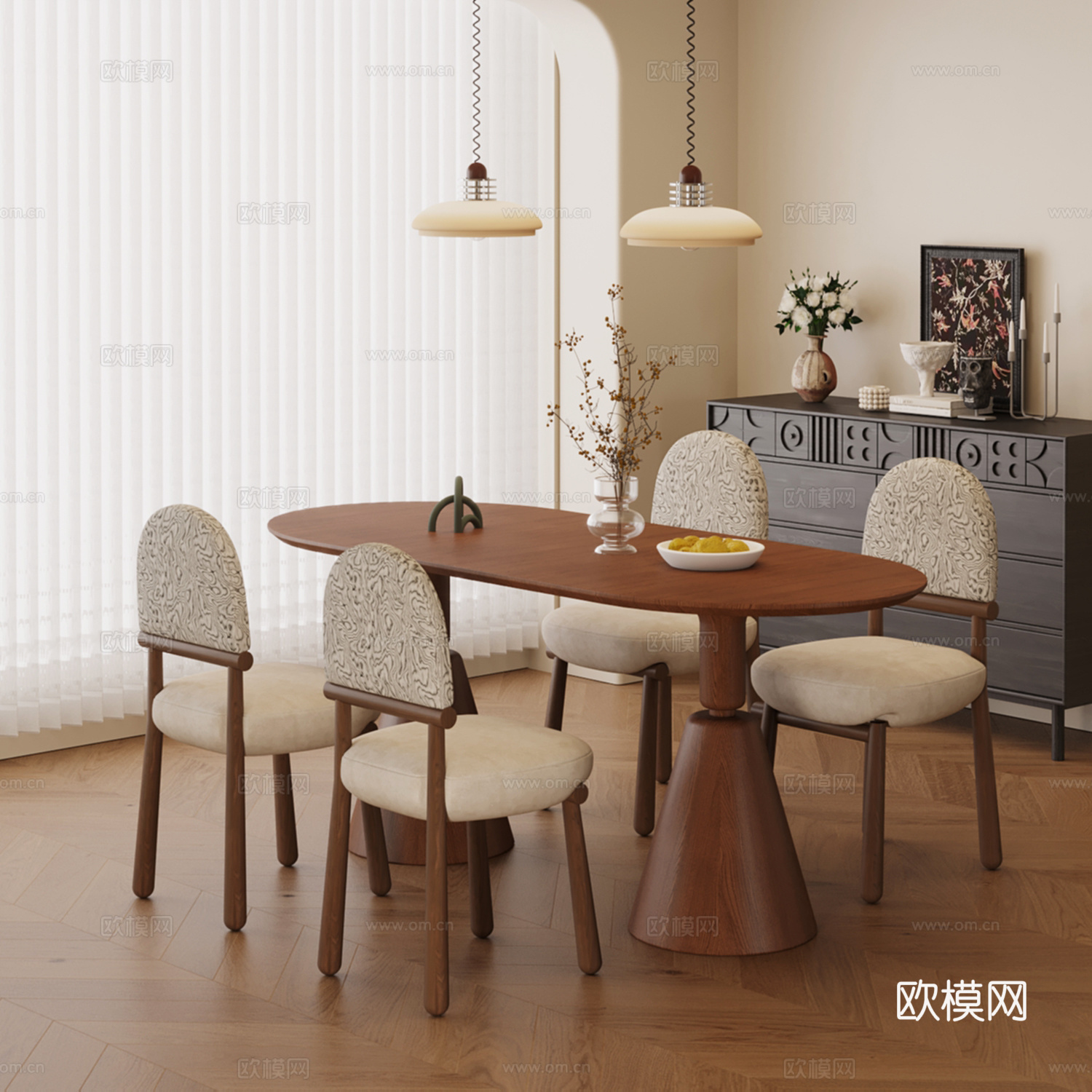 中古风餐桌椅3d模型