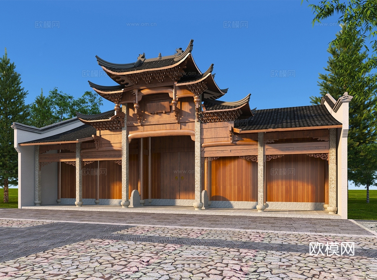 古建祠堂门头 宗祠大门su模型