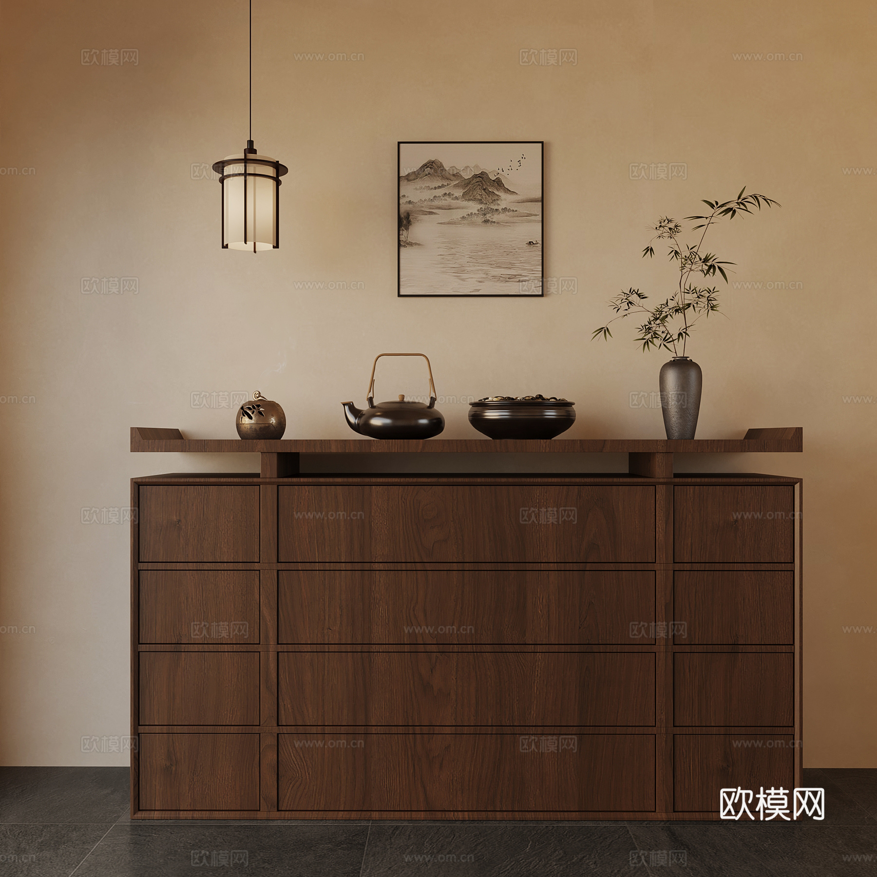 新中式玄关柜 吊灯 挂画su模型