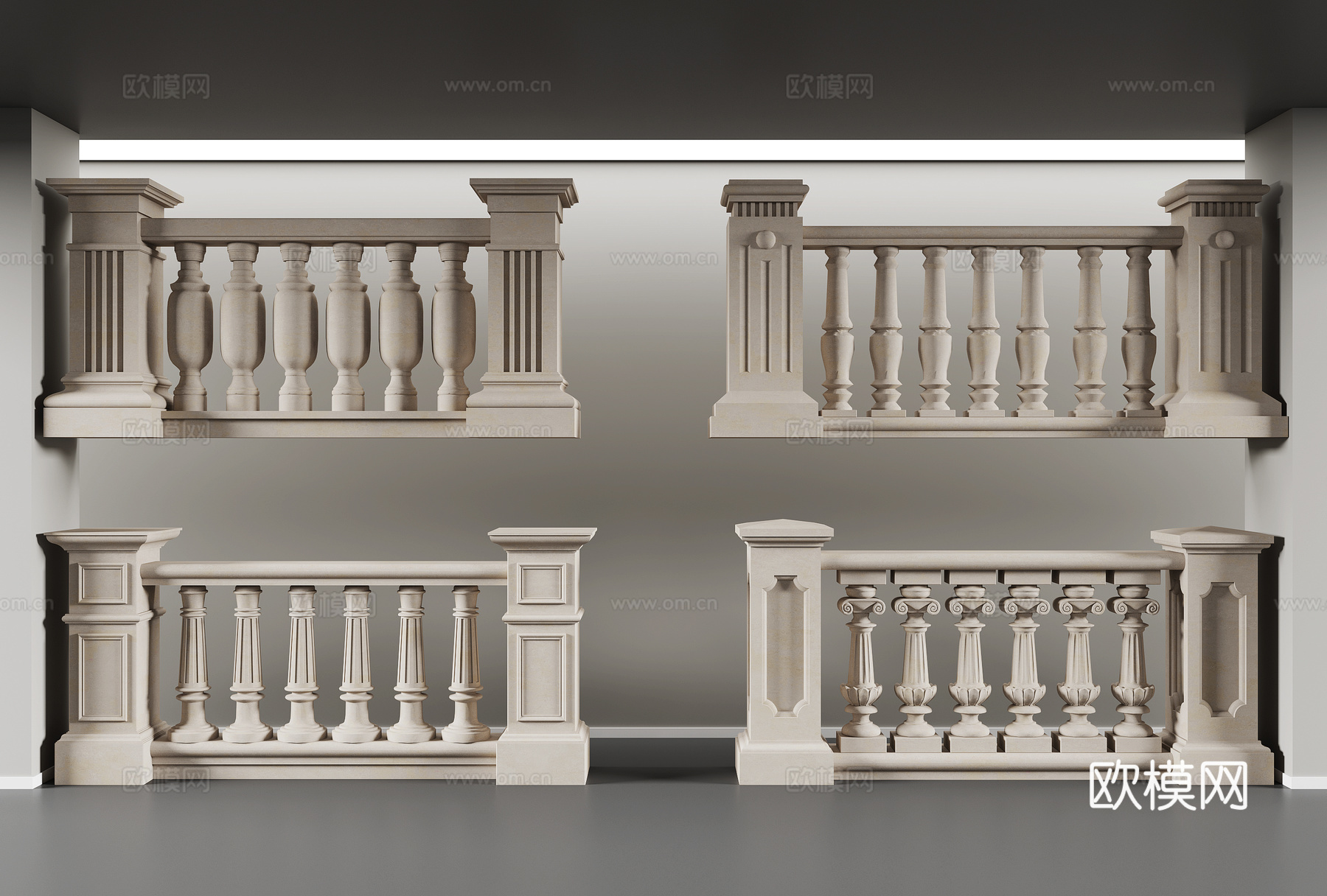 欧式栏杆 雕花线条 矮柱 石柱3d模型