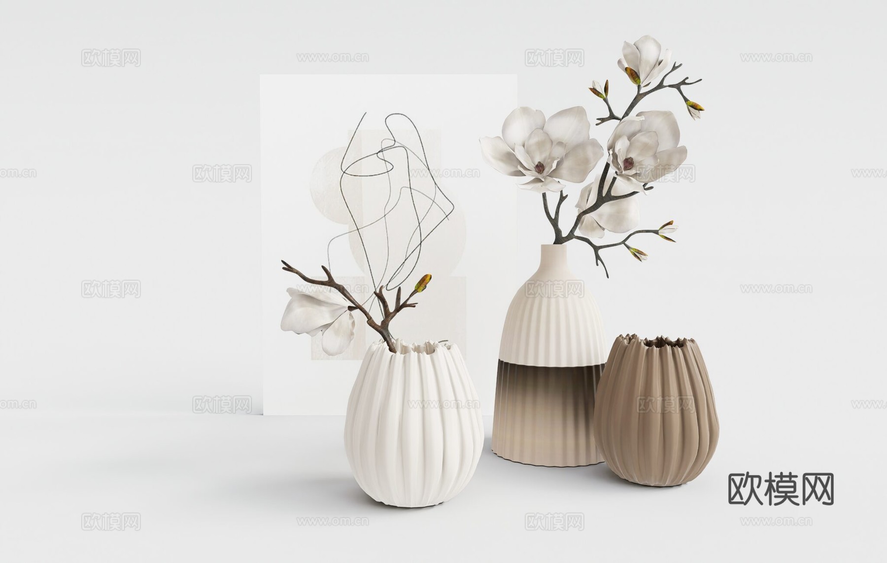 奶油侘寂风干花 花瓶 几何线型挂画su模型