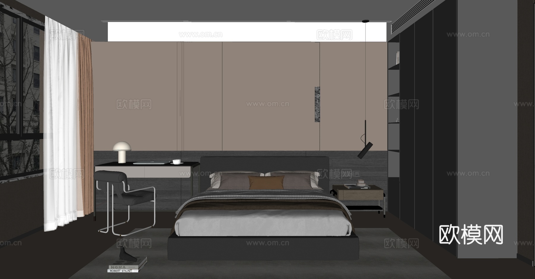 现代意式家居卧室 轻奢意式卧室 高级灰卧室 意式靠背双人床su模型