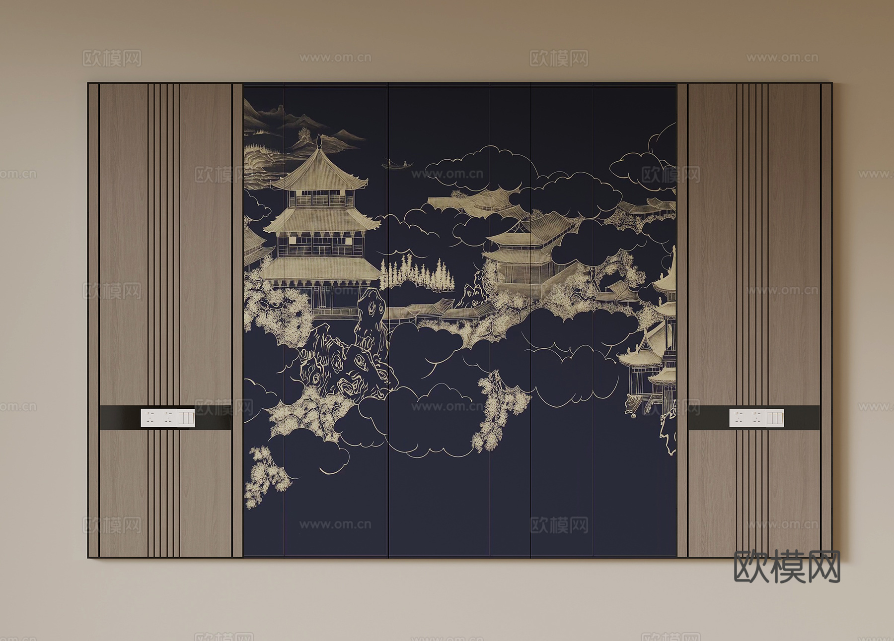新中式背景墙su模型